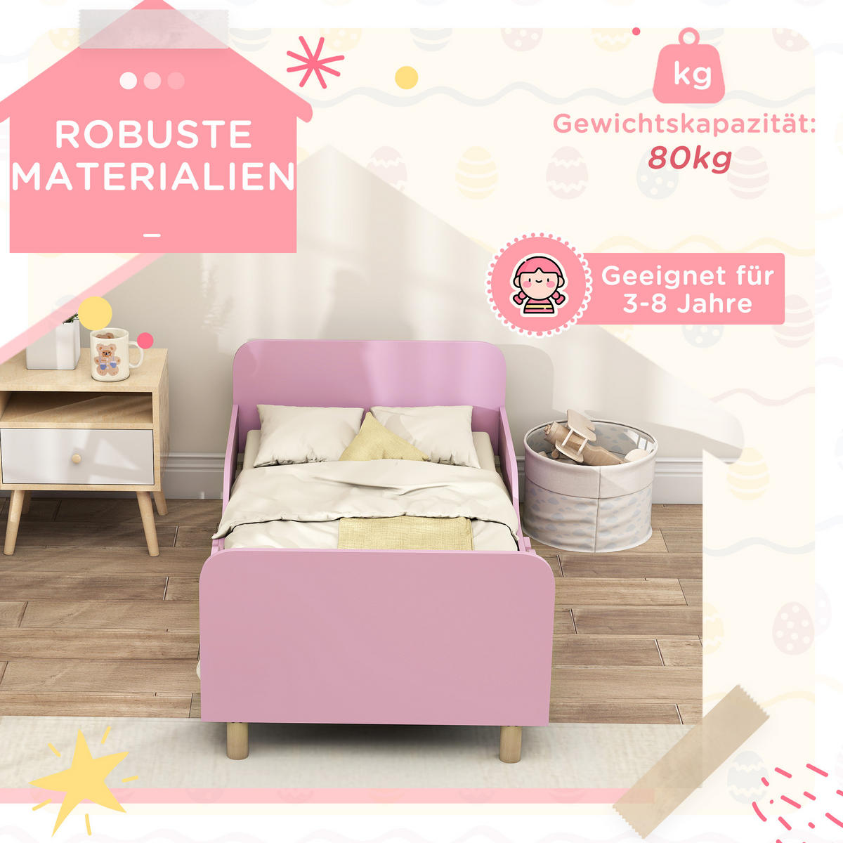 KINDERBETT mit Rausfallschutz, Lattenrost, 140 x 70 cm Jugendbett aus Holz - Naturfarben/Rosa, Holzwerkstoff (70/140cm) - AIYAPLAY