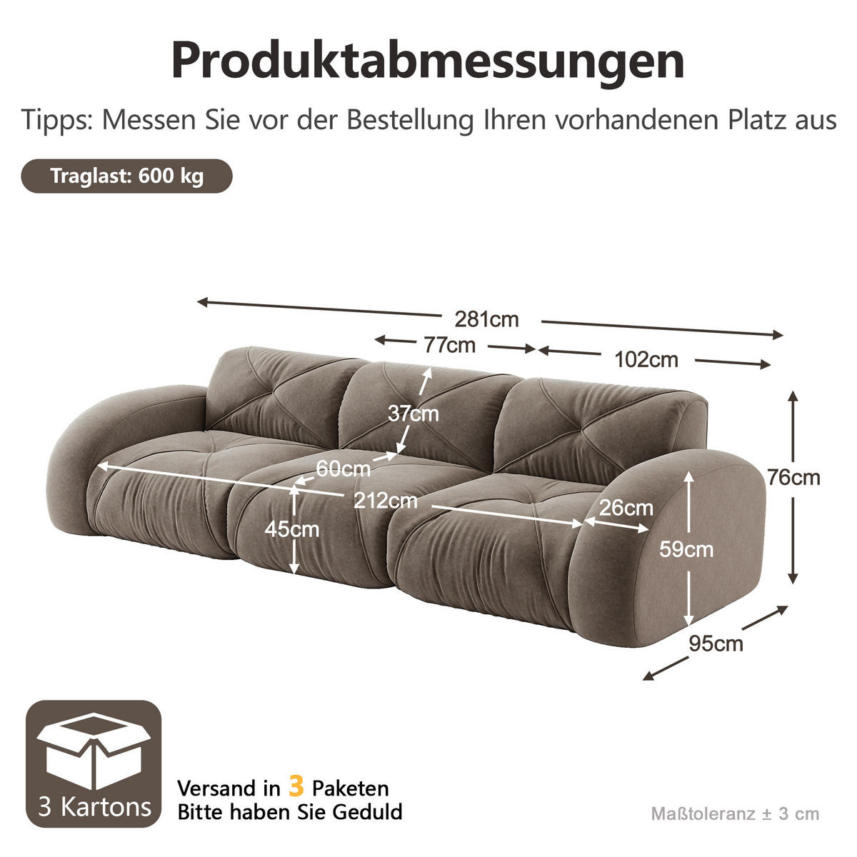 3-SITZER-SOFA DE-34276 modular Taupe - Taupe, Textil (95/76/281cm) - ComfortXL