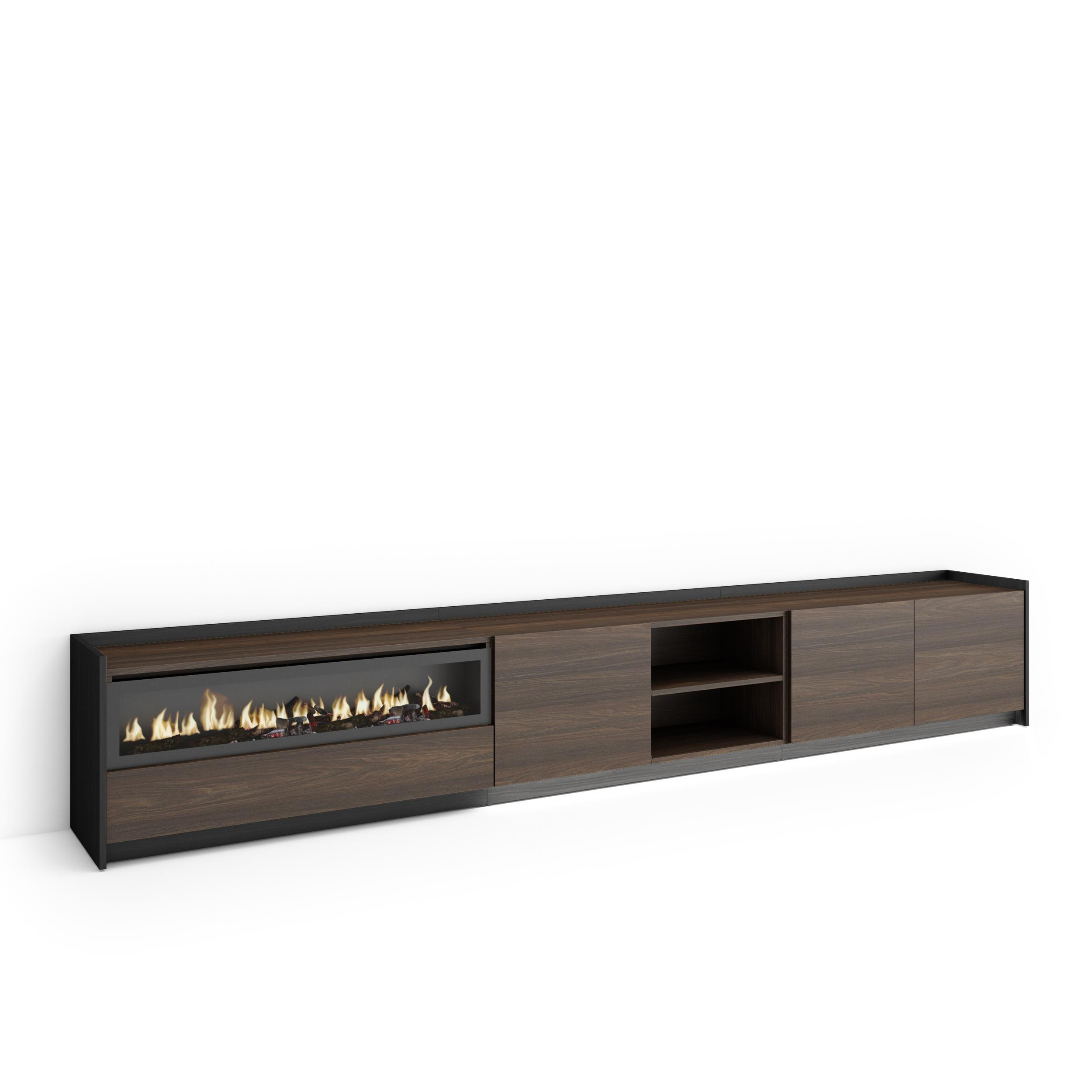 LOWBOARD, Eiche und Schwarz, 310/37/50cm, Kamin mit Feuereffekt - Dunkelbraun, Holzwerkstoff (310/50/37cm) - Skraut Home