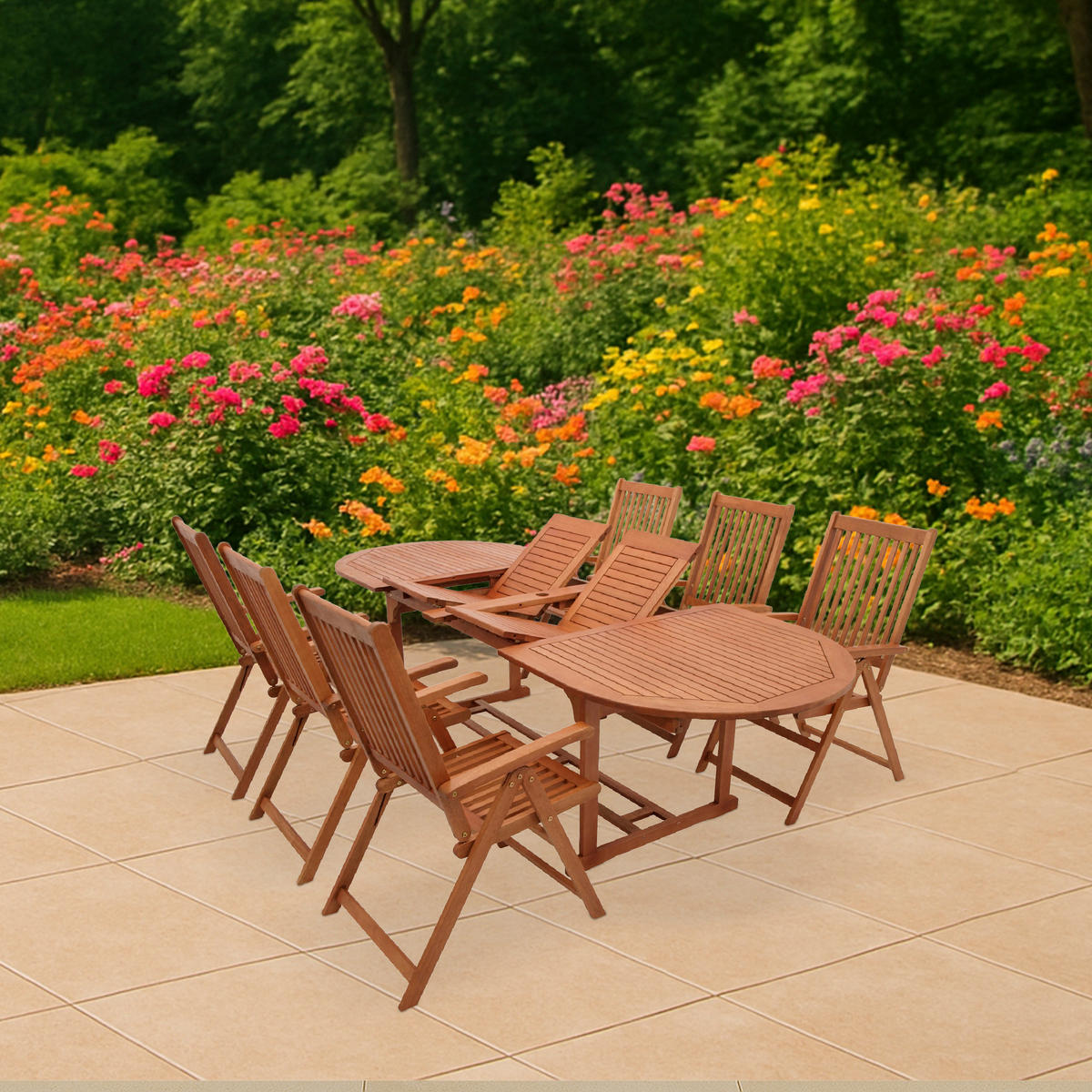 GARTEN-GARNITUR Lago Newtonnabbey - 7-teilige Garten-Essgruppe (6x Klappsessel Eukalyptus geölt, 1x Ausziehtisch 180/260x100cm, Eukalyptus - Braun, Holz - TPFGarden