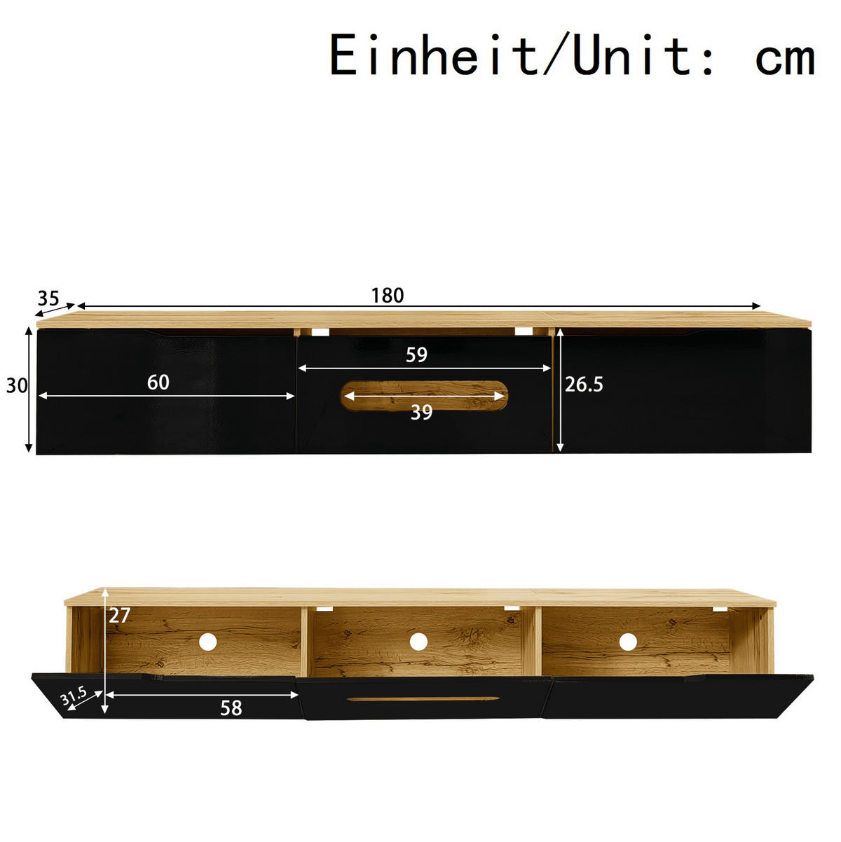 TV skříňka, 180/35/30 cm, MDF a dřevotříska, černá/dekor dřeva, LED - černá, kompozitní dřevo (180/30/35cm) - BEAOK