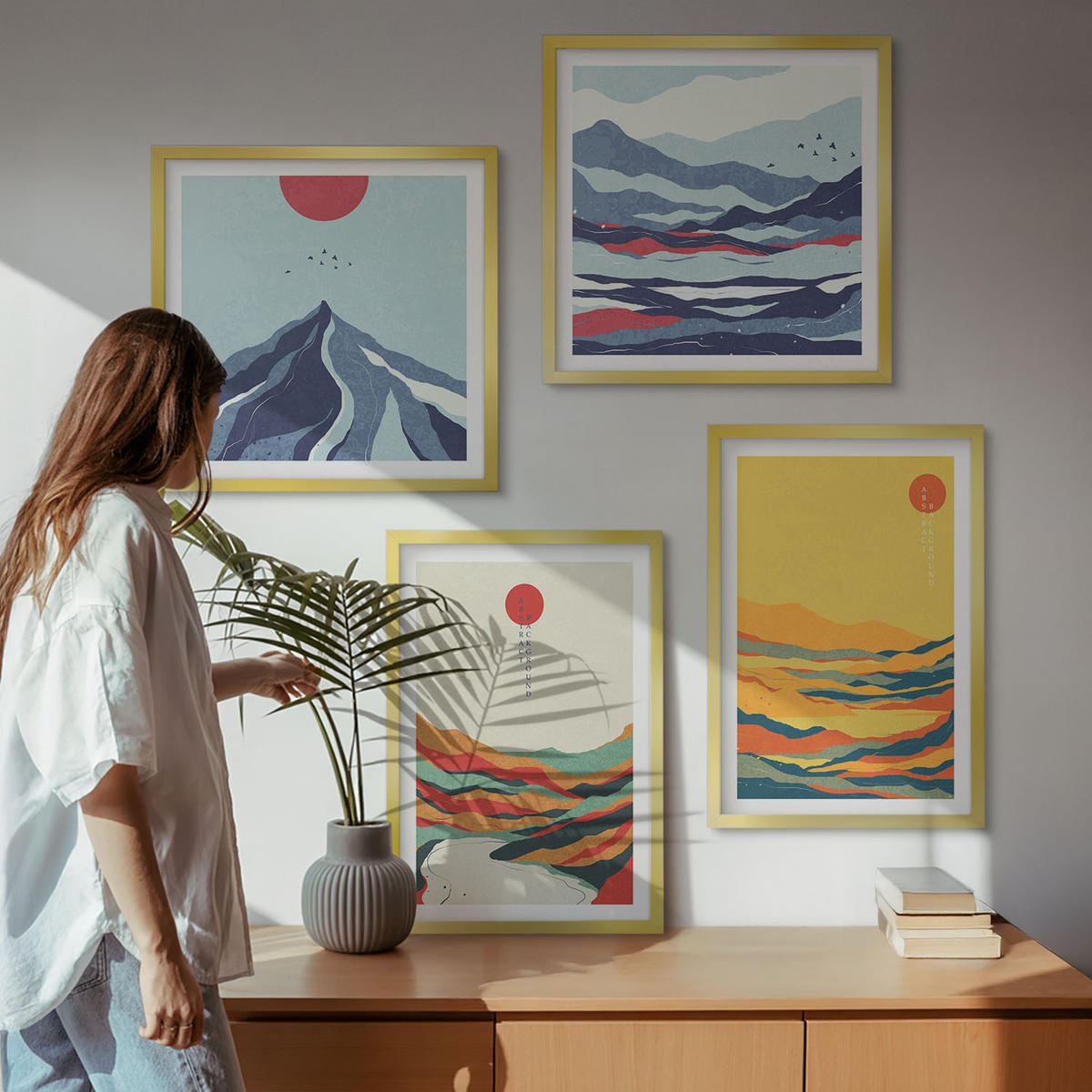 BILDER SET 4er Set - 50x50 cm & 40x60 cm Goldrahmen - Farbenfrohe abstrakte Flussberge - Goldfarben, Kunststoff (50/50cm) - TULUP