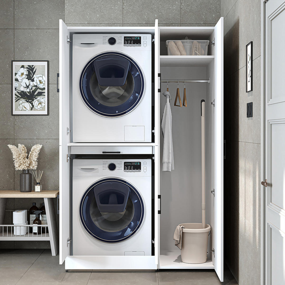 WASCHMASCHINENSCHRANK DORA-I 115cm Breit, 186cm Hoch - Weiß, Holzwerkstoff (115/186/73.8cm)