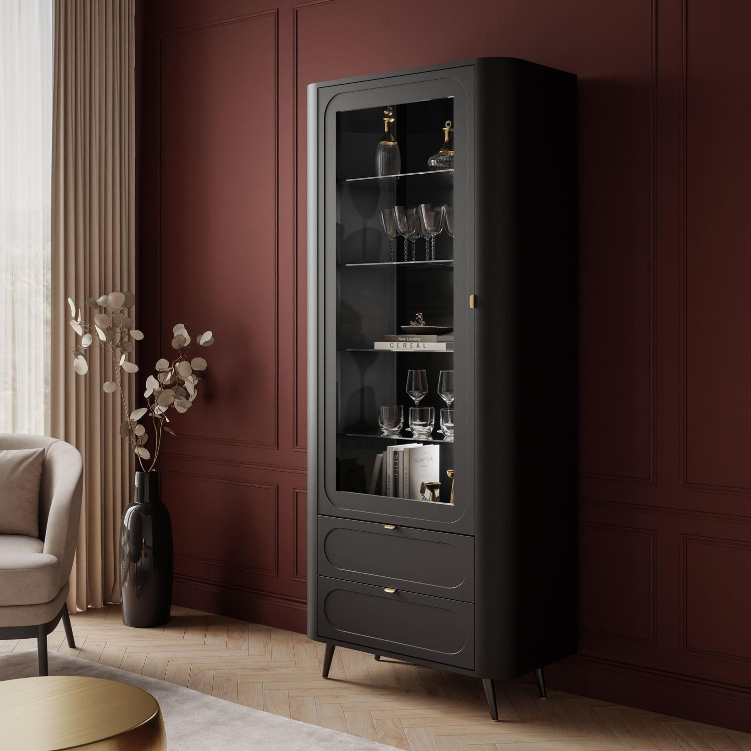 VITRINE SHADOW II verglast mit Regalböden - Schwarz, Holzwerkstoff (78/185/40cm) - Lookway