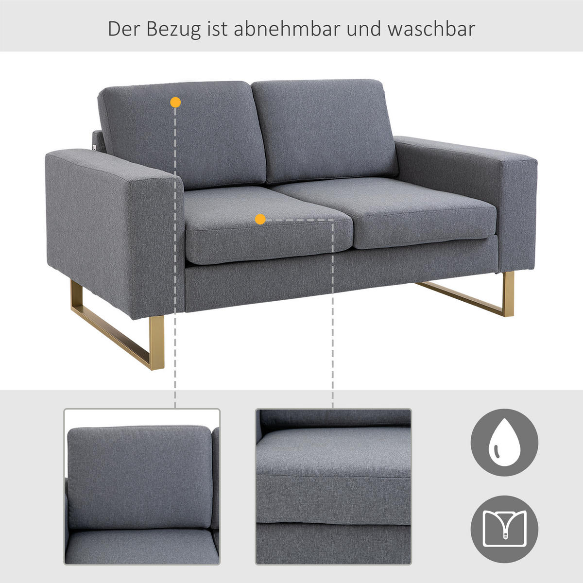SOFA-2 Sitzer Couch Stoffsofa Eckcouch Sitzmöbel Polstersofa Loungesofa Armlehne - Dunkelgrau, Holz (82/78/145cm) - HOMCOM