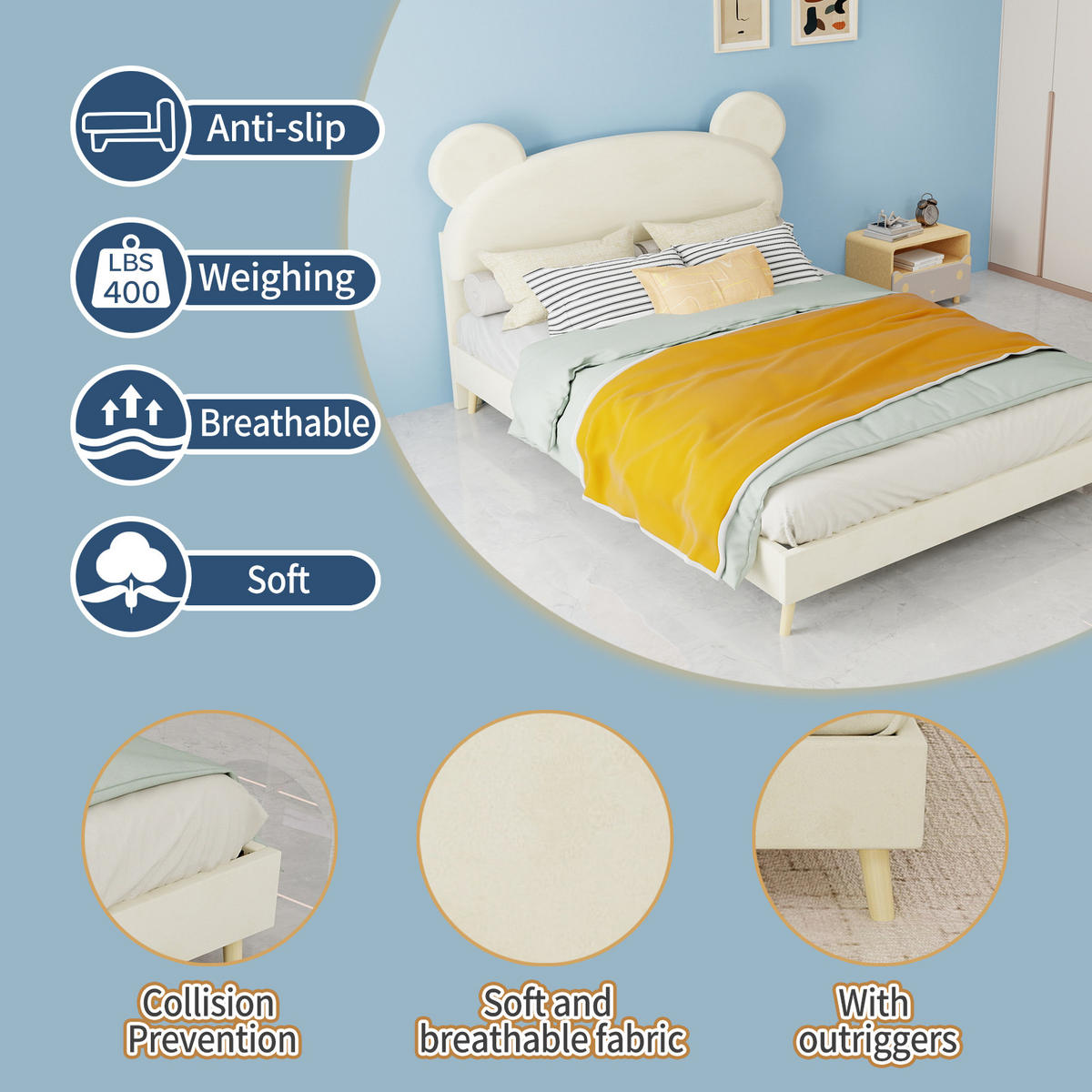 KINDERBETT 140/200 cm DE-35497 mit Bärenohr-Kopfteil Beige - Beige, Metall (140/200cm) - ComfortXL