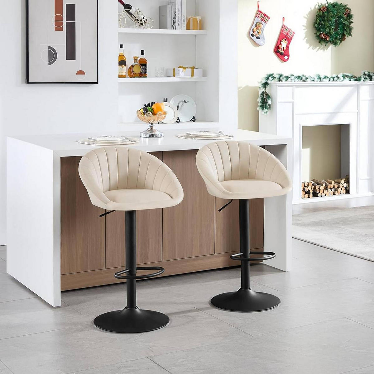 BARHOCKER mit Rückenlehne, Samt, Beige - Beige/Schwarz, Textil/Metall (53/83/45cm) - Woltu