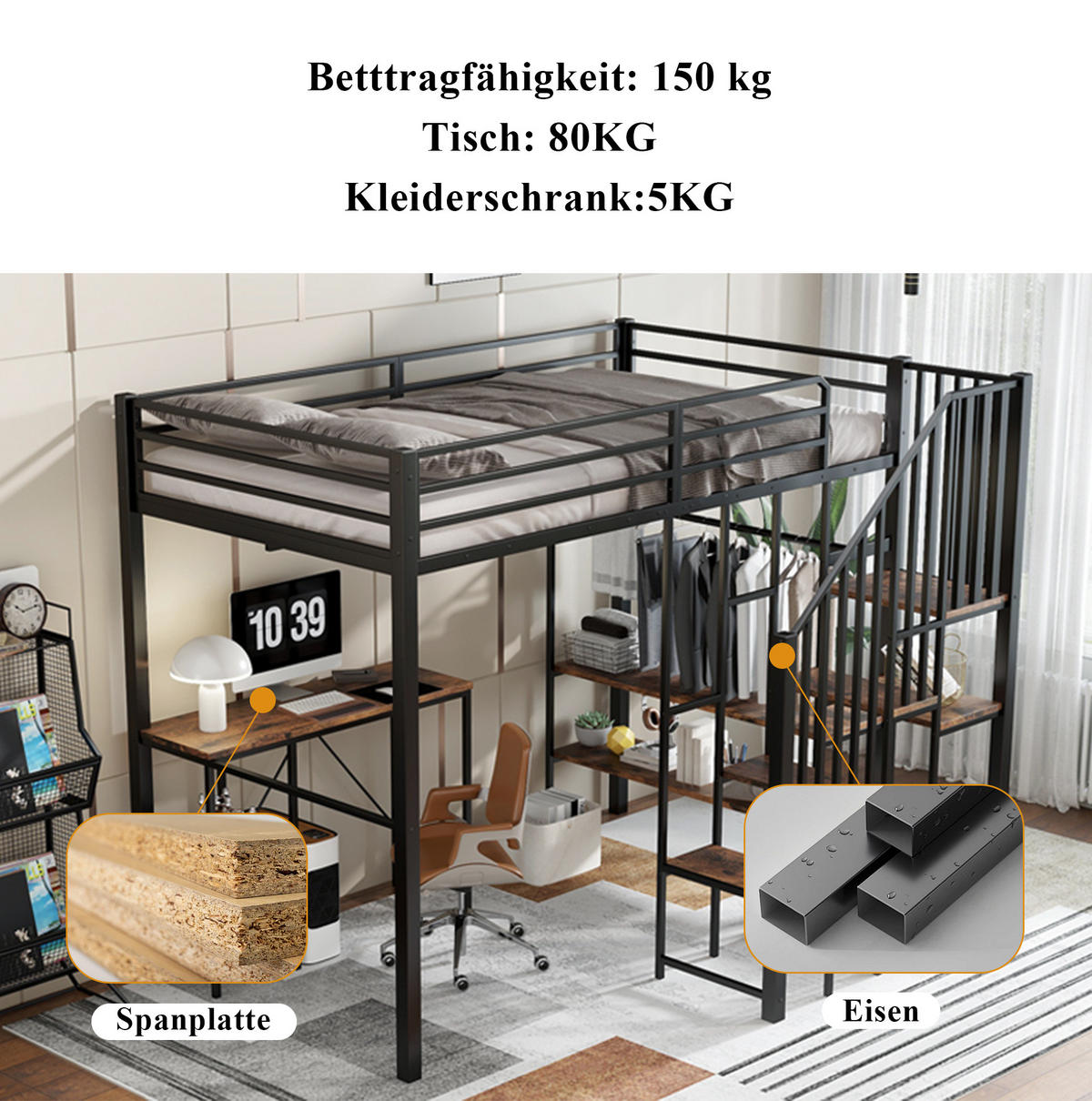 ETAGENBETT 120x200 cm aus Eisen und MDF mit Tisch, Regal und offenem Kleiderschrank - Schwarz, Holzwerkstoff (120/200cm) - OKMYHOME