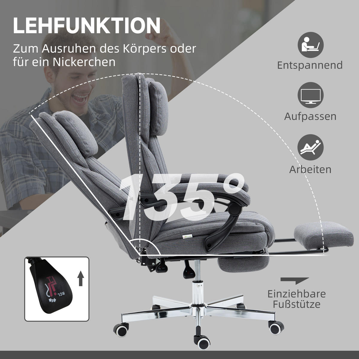 BÜROSTUHL mit Massagefunktion, Grau - Grau, Kunststoff (61/118/65cm) - Vinsetto