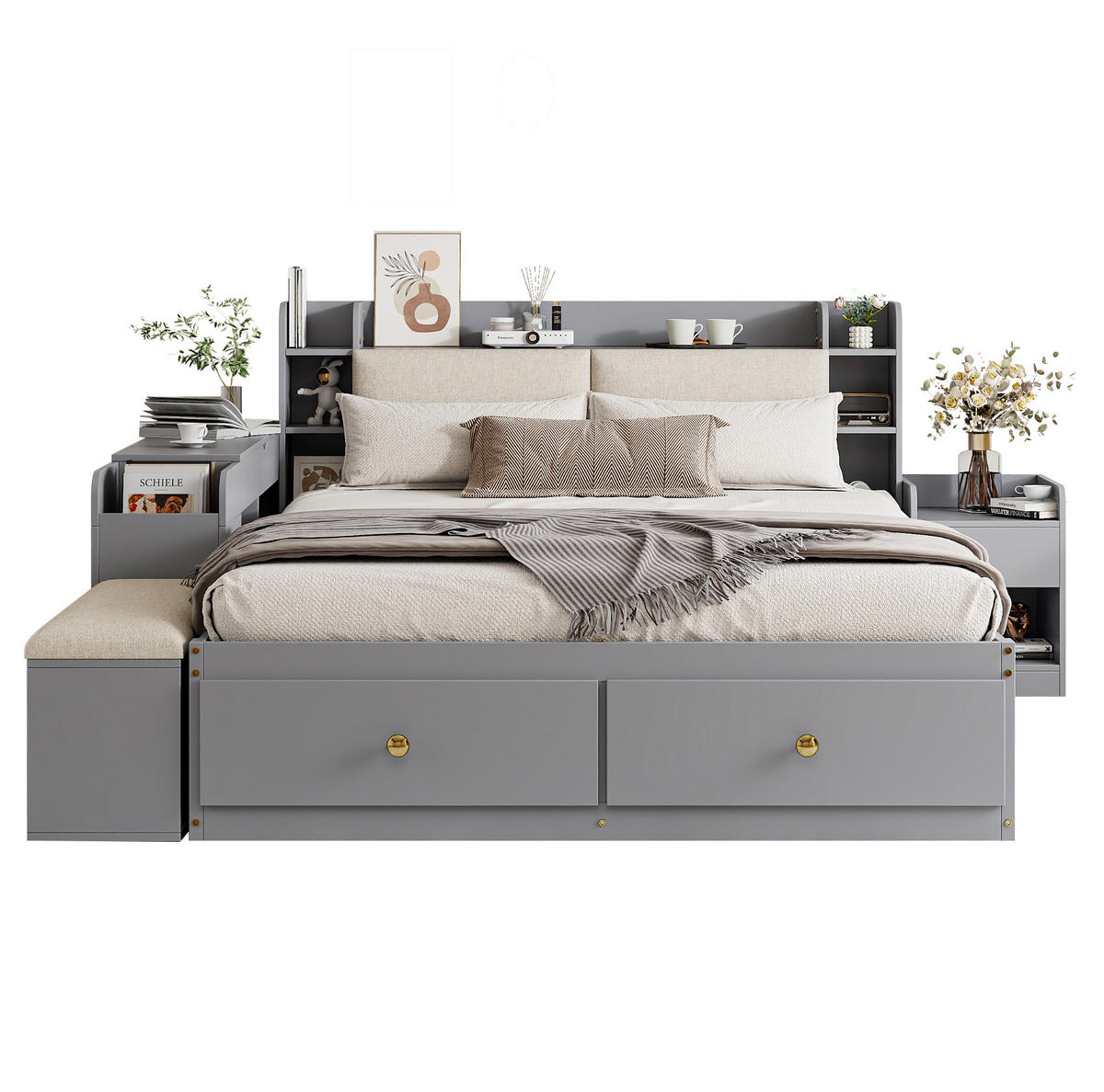 BETT aus 140x200 cm Grau mit gepolstertem Kopfteil, Schubladen, Nachttisch, Sofabank und Stauraum - Grau, Holzwerkstoff (140/200cm) - Modfu