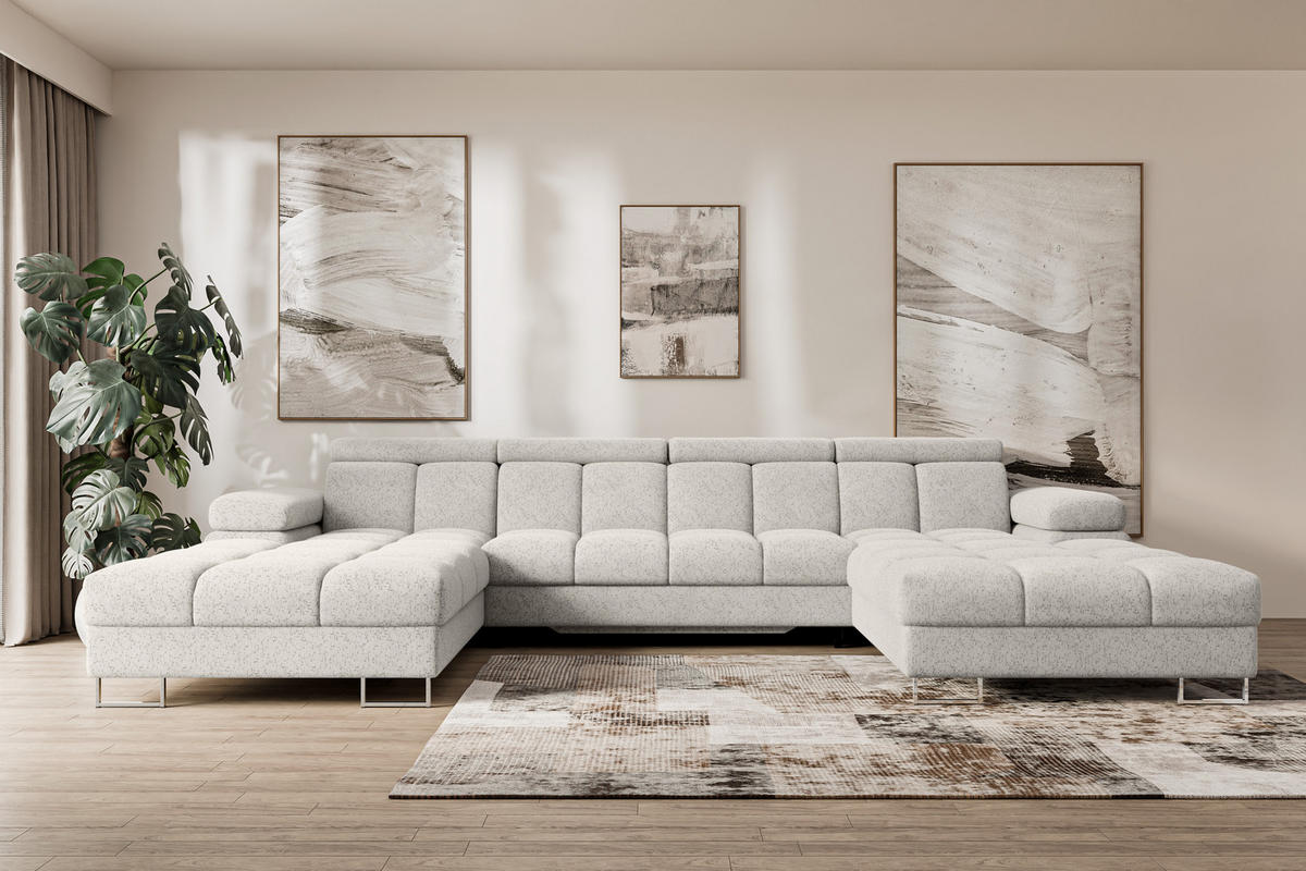 WOHNLANDSCHAFT mit Schlaffunktion und Bettkasten COMA U2 345x203x79 Hellgrau Velours - Hellgrau, Holzwerkstoff/Textil (345/79/203cm) - ALTDECOR