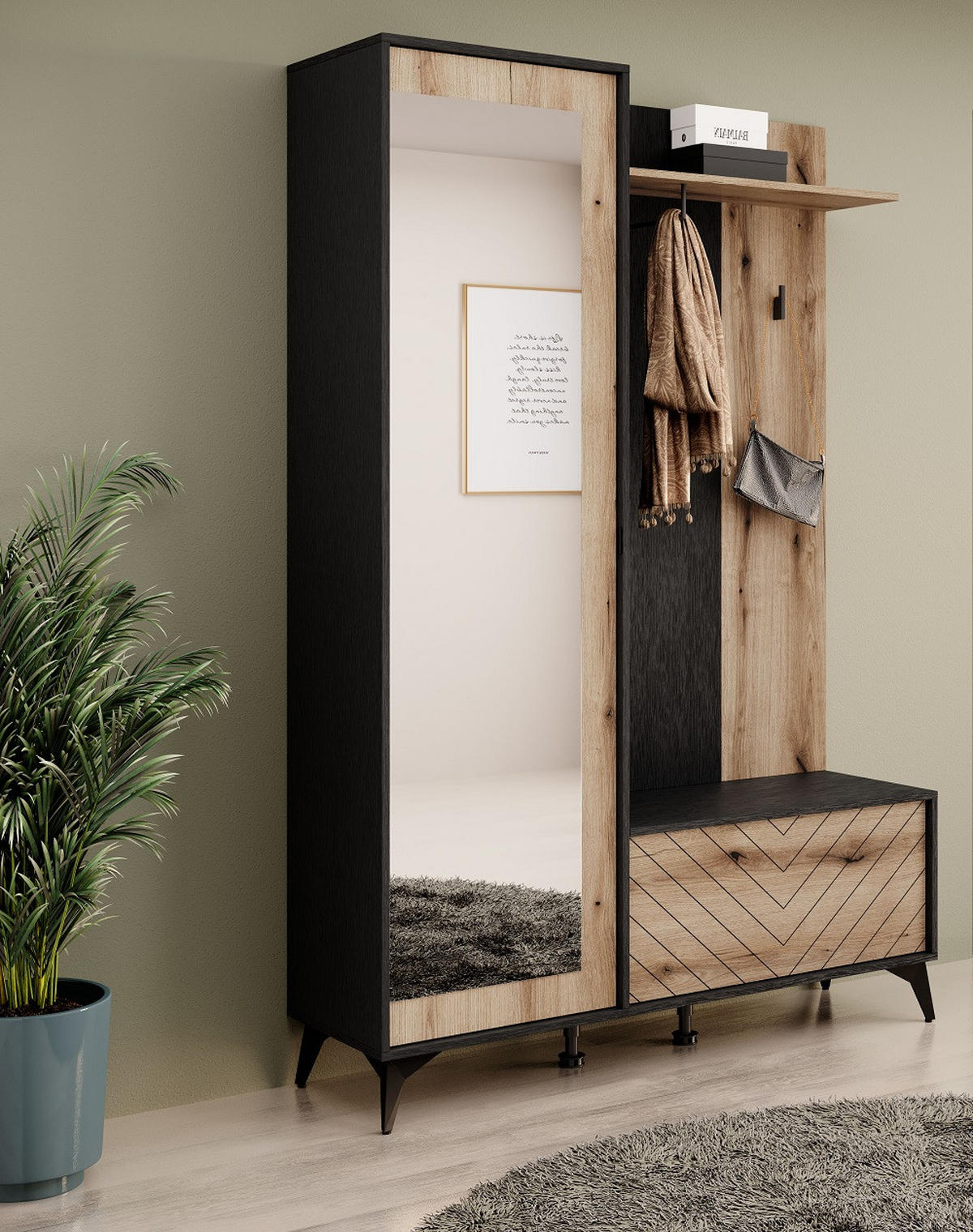 GARDEROBE Schwarz DIAMO Eiche Evoke Mit Spiegel Mit Regalen - Multicolor, Holzwerkstoff (134/197/39cm) - Sepro Meble