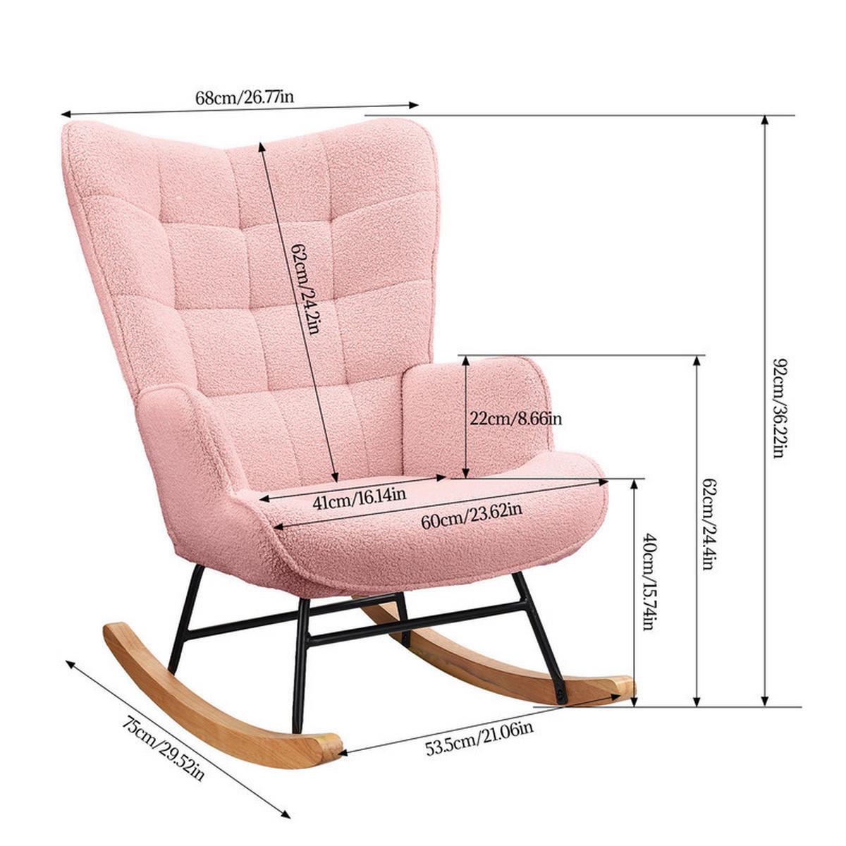 SCHAUKELSTUHL mit Rückenlehne, gepolsterter Schaukelstuhl für Wohnzimmer, Schlafzimmer, Balkon, Relaxsessel, Rosa - Pink, Textil (68/92/75cm) - WoodenAura