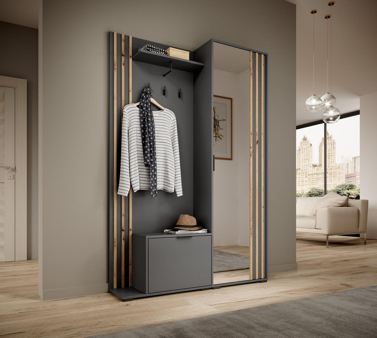 GARDEROBE STILO 131 cm (Graphit, Lamellen Artisan Eiche, Spiegel, Metallgriffe) - Schwarz/Graphitfarben, Holz/Holzwerkstoff (131/192/40cm) - Ravio