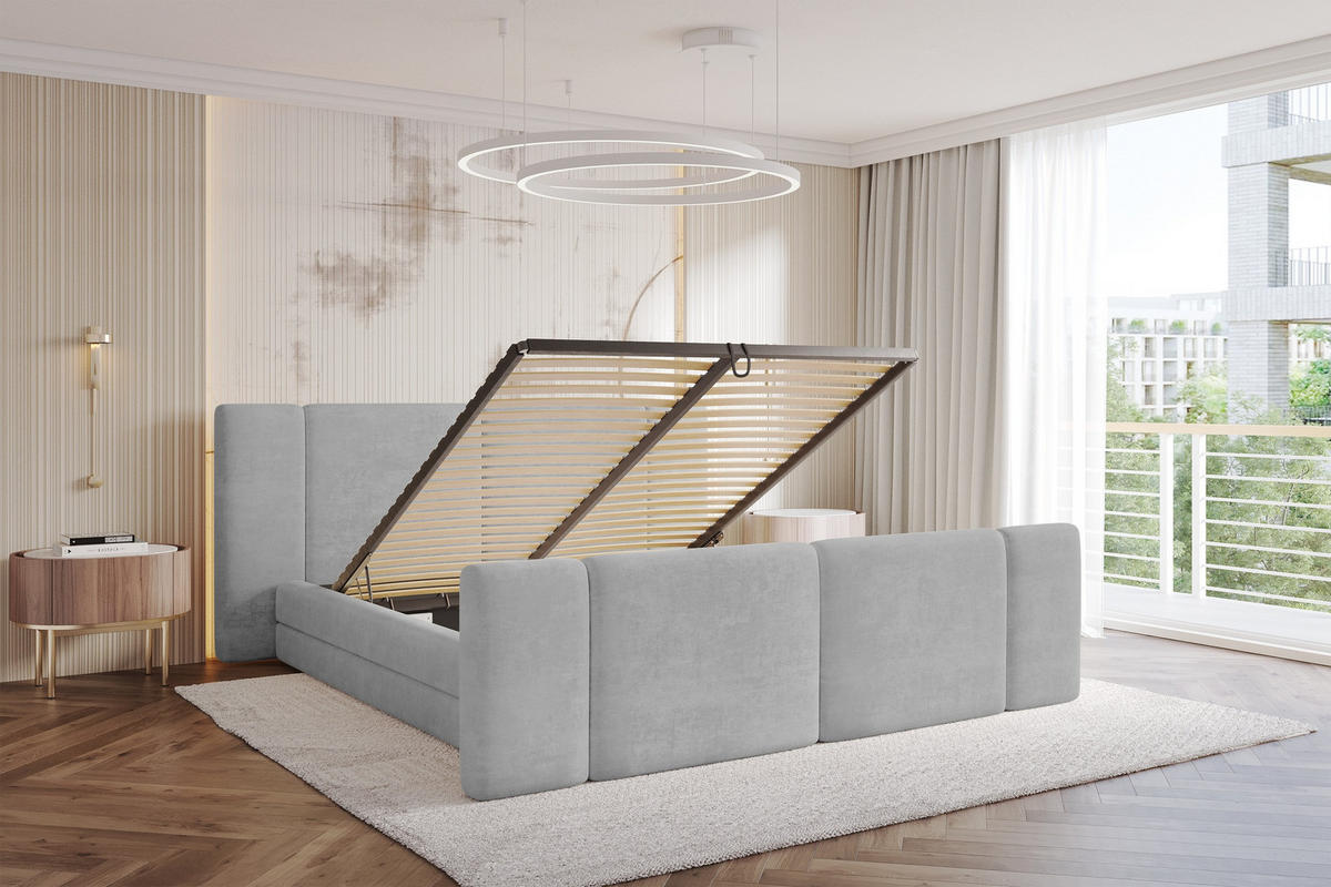 POLSTERBETT mit Bettkasten, Fußteil und Lattenrost, Bett mit Matratze H3/H4 - TEVO-Z 140x200 Grau - Hellgrau, Holzwerkstoff/Textil (140/200cm) - ALTDECOR