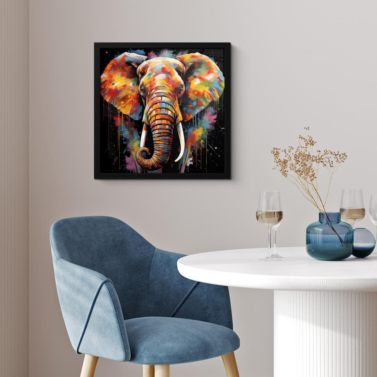 POSTER MIT RAHMEN Elefant - Graffiti - Schwarz - Tiere - Farben 40x40 cm - Schwarz, Papier (40/40cm) - MuchoWow