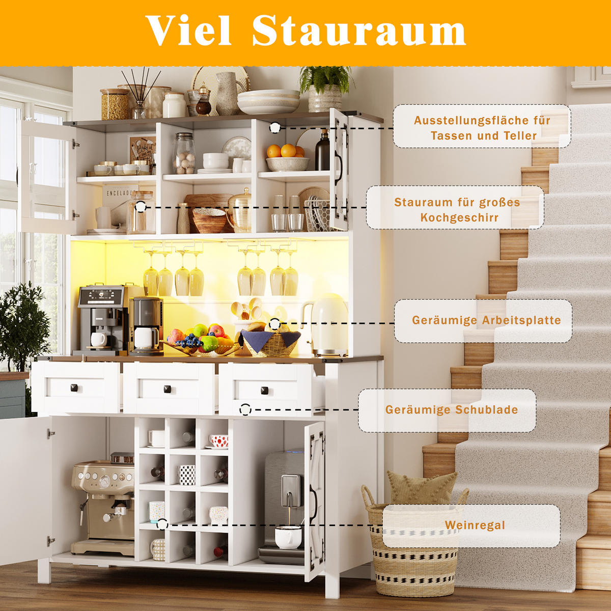HOCHSCHRANK in Weiß Küchenschrank mit LED-Lichtleiste und Schubladen für Küche und Wohnzimmer, B120/T40/H170 cm - Weiß, Glas/Holzwerkstoff (120/70/40cm) - STILVORA