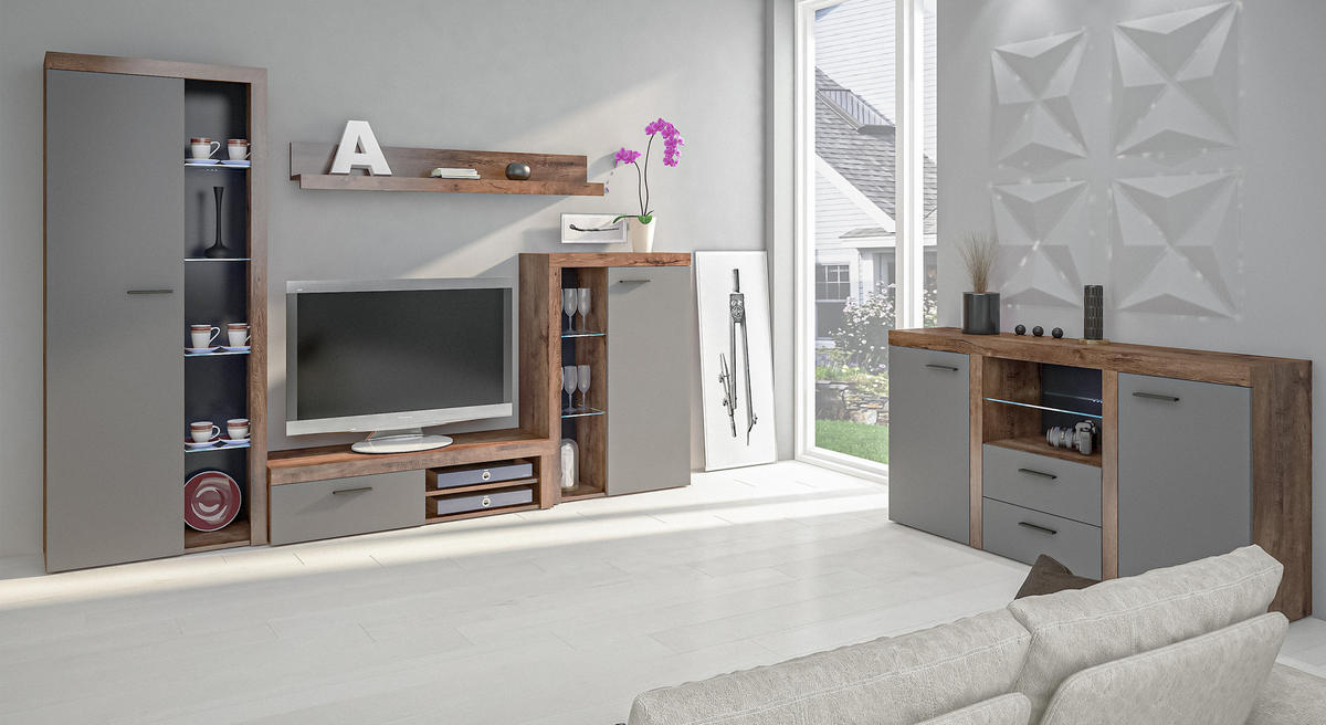 WOHNWAND Spacoro Grau, Lefkas Graphit 270/190/41 cm Wohnwand Modern ohne LED - Braun/Grau, Holzwerkstoff/Kunststoff (270/190/41cm) - AX Living