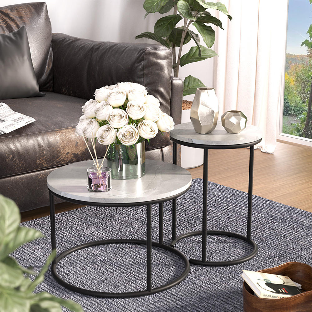 COUCHTISCH-SET Ottawa Marmor Weiß 55 x 55 cm 2 Teile - Weiß Hochglanz, Holzwerkstoff (55/55/34.5cm) - Vicco