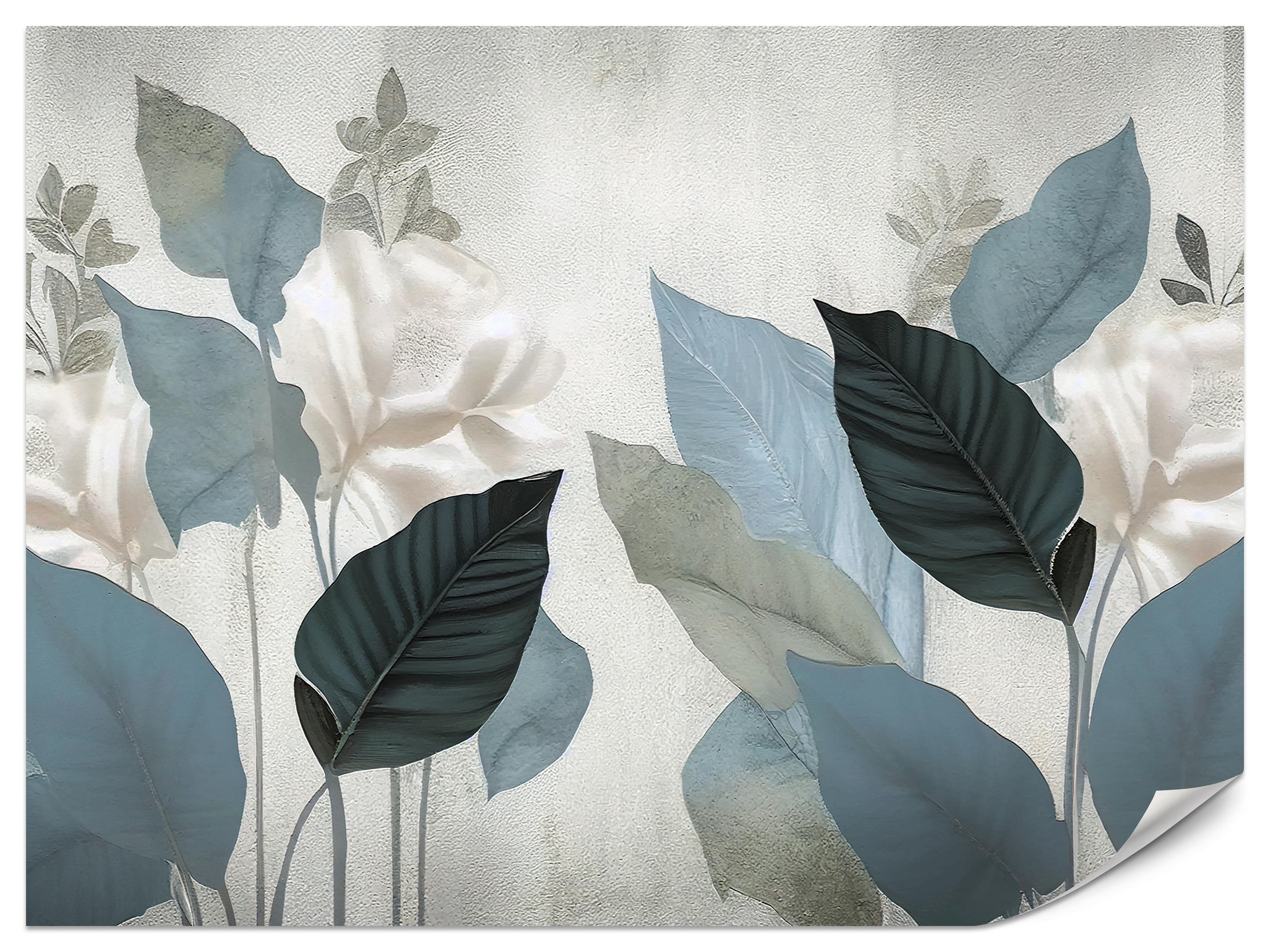 FOTOTAPETA Pre Obývaciu Izbu Modré Listy Betón Vintage Minimalistická 400 x 280 cm - sivá, papier (400/280cm) - Muralo