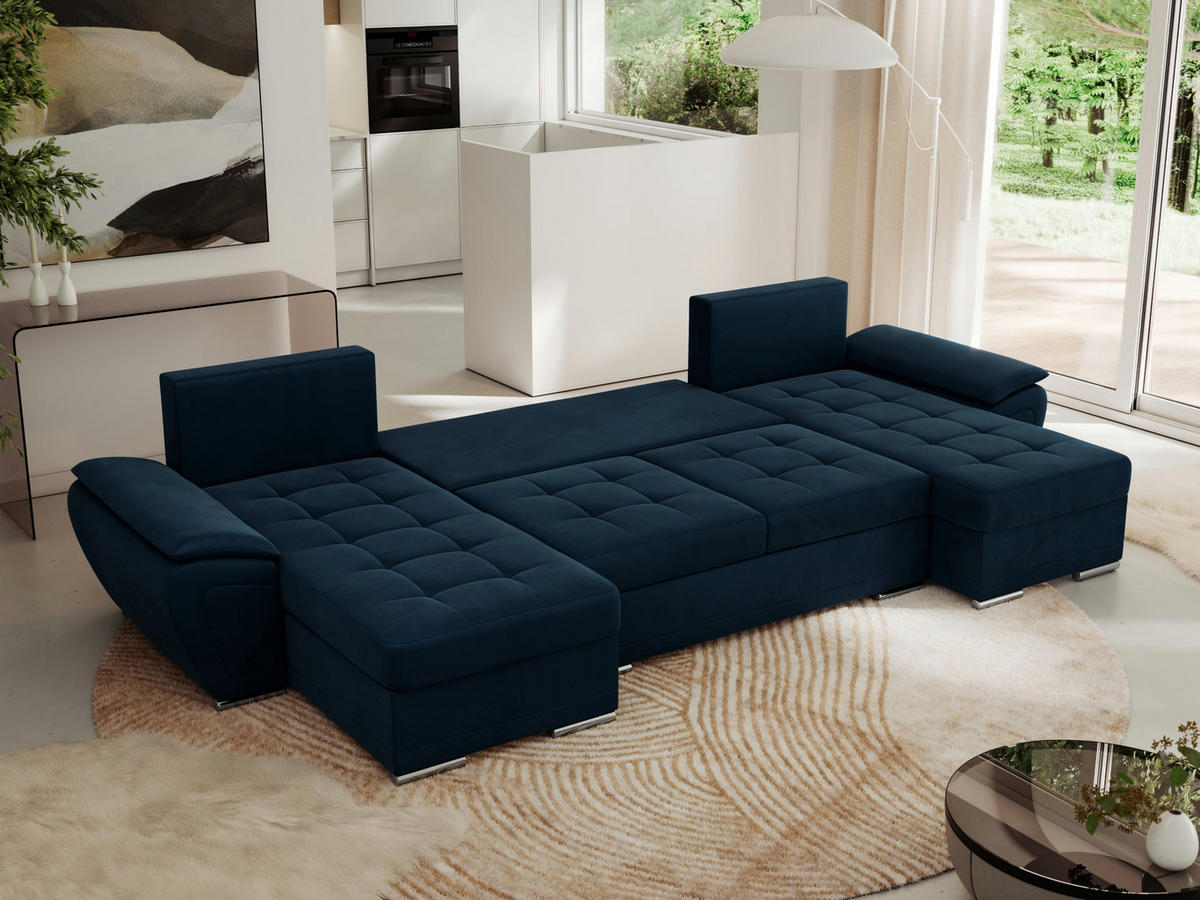 WOHNLANDSCHAFT UMBRIA U Dunkelblau Velvet - Dunkelblau/Grau, Textil/Metall (336/85/157cm) - MKS
