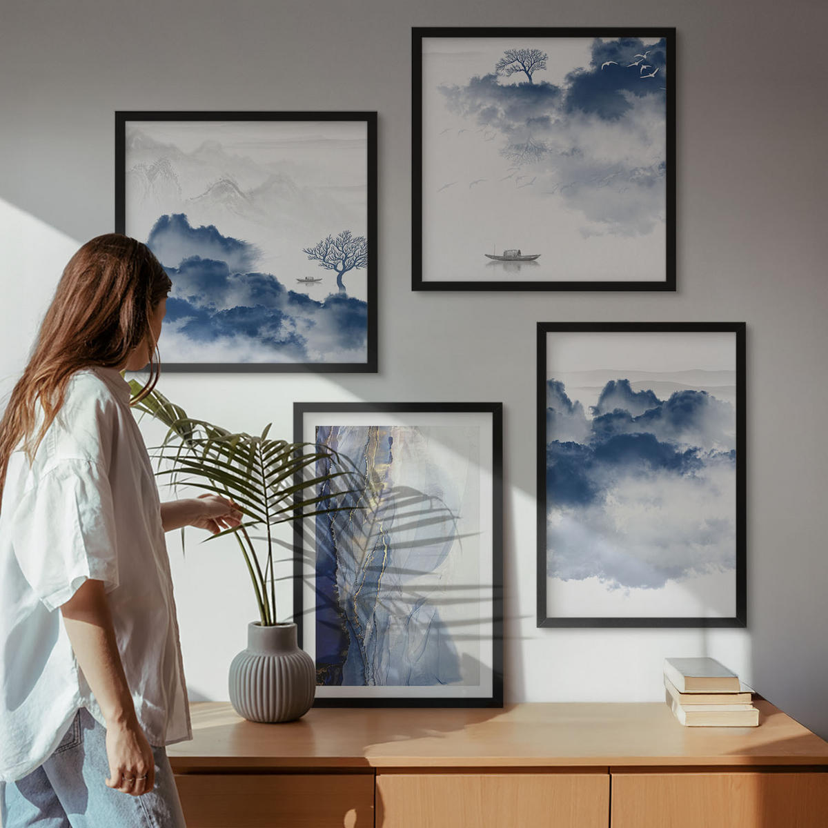 WANDBILDER 4er-Set - 50x50 cm & 40x60 cm Schwarzer Rahmen - Berge, Wolken, Bäume, Vögel im Hintergrund - Schwarz, Kunststoff (50/50cm) - ArtPrintCave