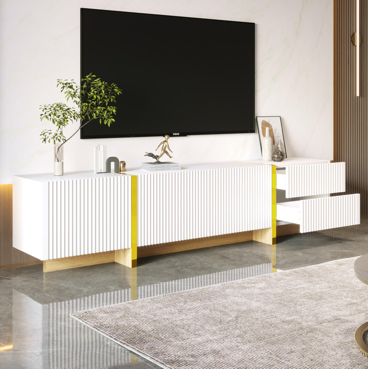 TV-SCHRANK in Weiß-Gold mit Holzmaserung, 3 Türen und 2 Schubladen 190/35/45 cm - Weiß, Holzwerkstoff (190/45/35cm) - Redom