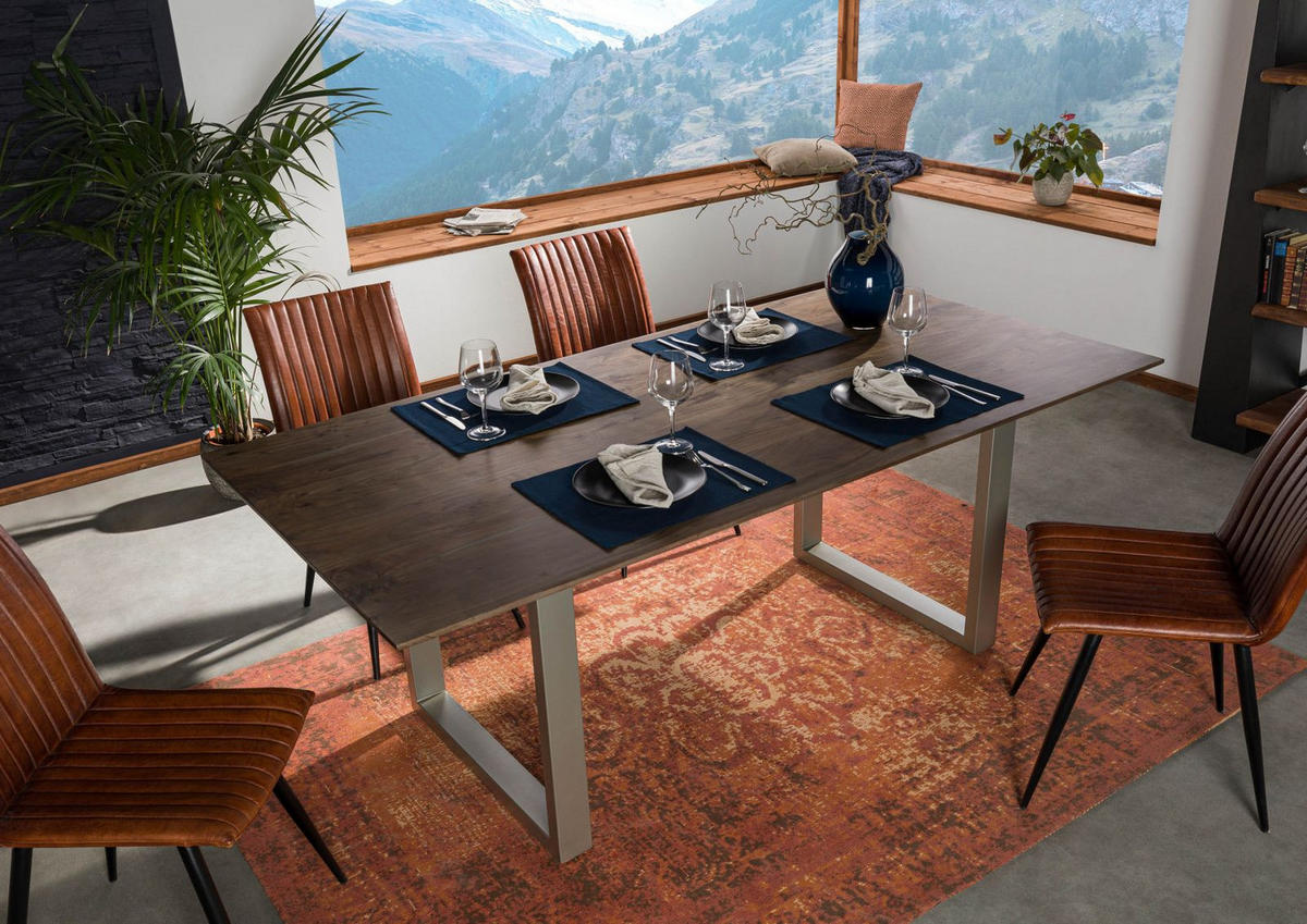 ESSTISCH Akazie 180x90 grau lackiert / U-Beine silber matt SWISS EDGE - Grau, Holz (90/180/76cm) - Massivmoebel24