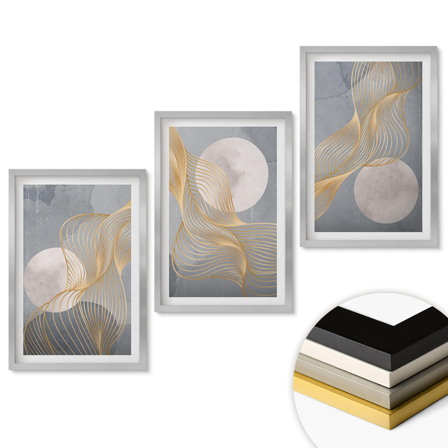 WANDBILDER 3er Set - 40x60 cm Silberner Rahmen - Abstrakte Muster Wellen Kreise - Silberfarben, Kunststoff (40/60cm) - ArtPrintCave