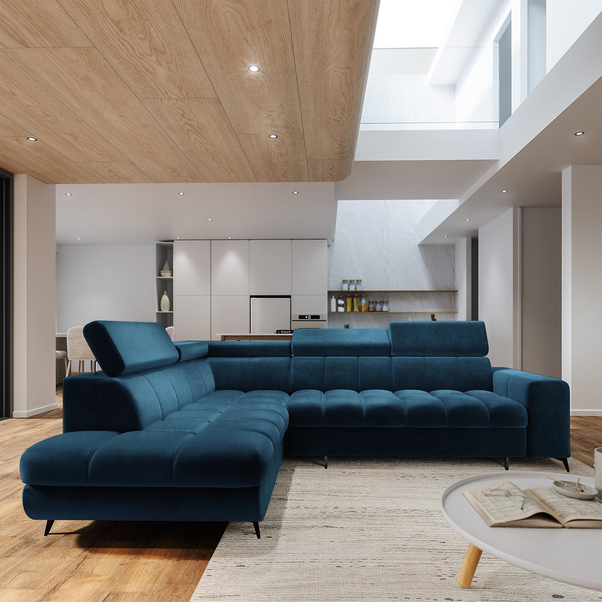 ECKSOFA MORIVA L-S Blau Velours-Stoff mit Schlaffunktion - Blau, Holz (253/190cm) - MASSENO