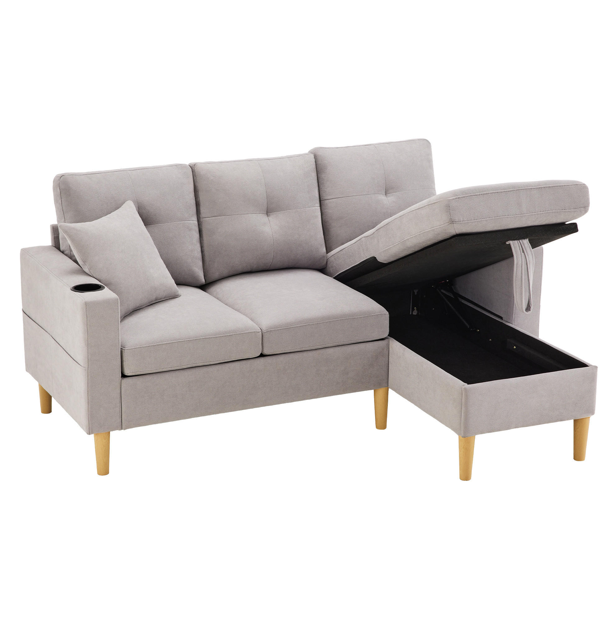 ECKSOFA Baumwolle-Leinen mit Stauraum und Getränkehaltern 175/129/90 cm Hellgrau mit 2 Kissen - Hellgrau, Textil (175/129cm) - Redom