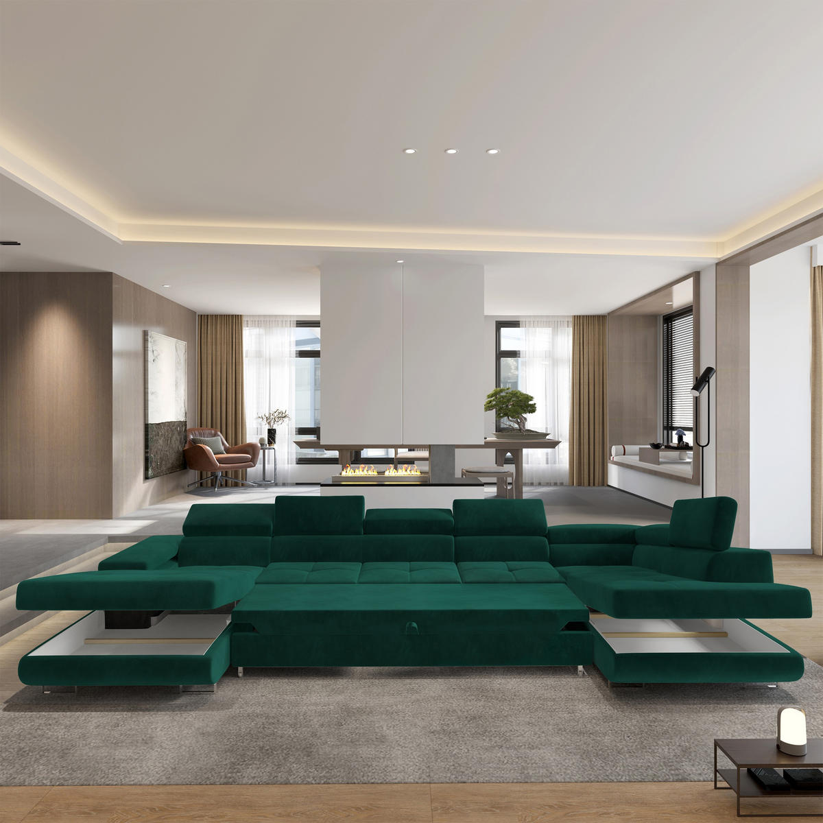 WOHNLANDSCHAFT TORIVA R-S Grün Velours-Stoff mit Schlaffunktion - Grün, Holz (418/90/202cm) - MASSENO