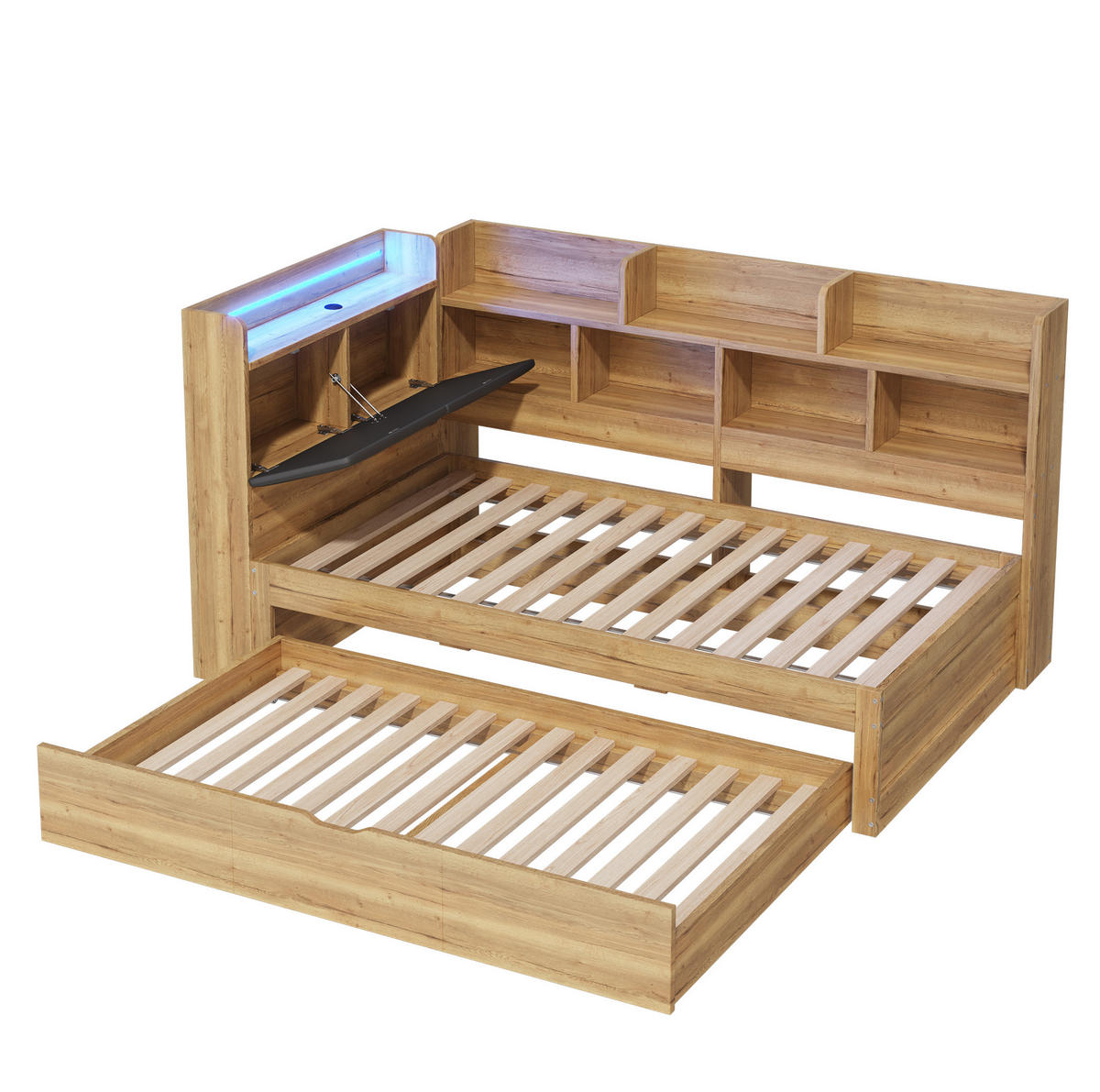 KINDERBETT 90/200 cm aus MDF mit Ausziehbett 90/190 cm, LED und USB - Naturfarben, Holzwerkstoff (90/200cm) - BEAOK