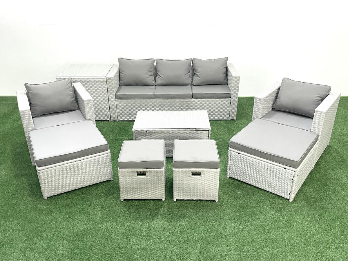 GARTENSET mit 3-SITZER SOFA,COUCHTISCH Polyrattan Hellgrau-Mix 9-Sitzer - Hellgrau/Grau, Glas/Kunststoff - Fimous