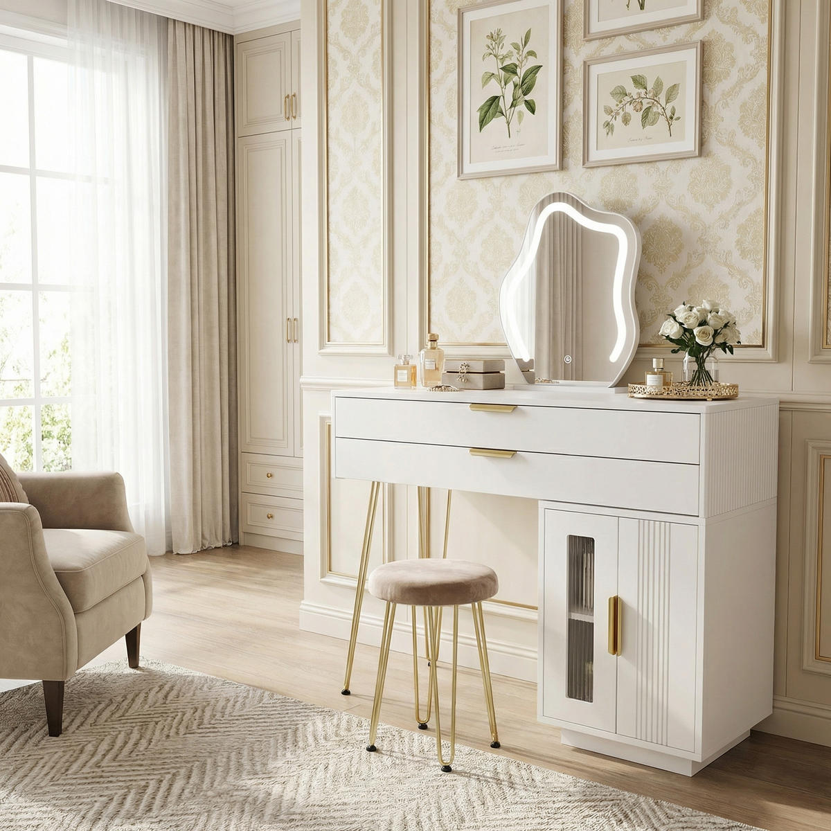 SCHMINKTISCH in Weiß mit LED-Spiegel & Seitenschrank - Weiß, Holzwerkstoff (100/78/40cm) - Urban Meuble