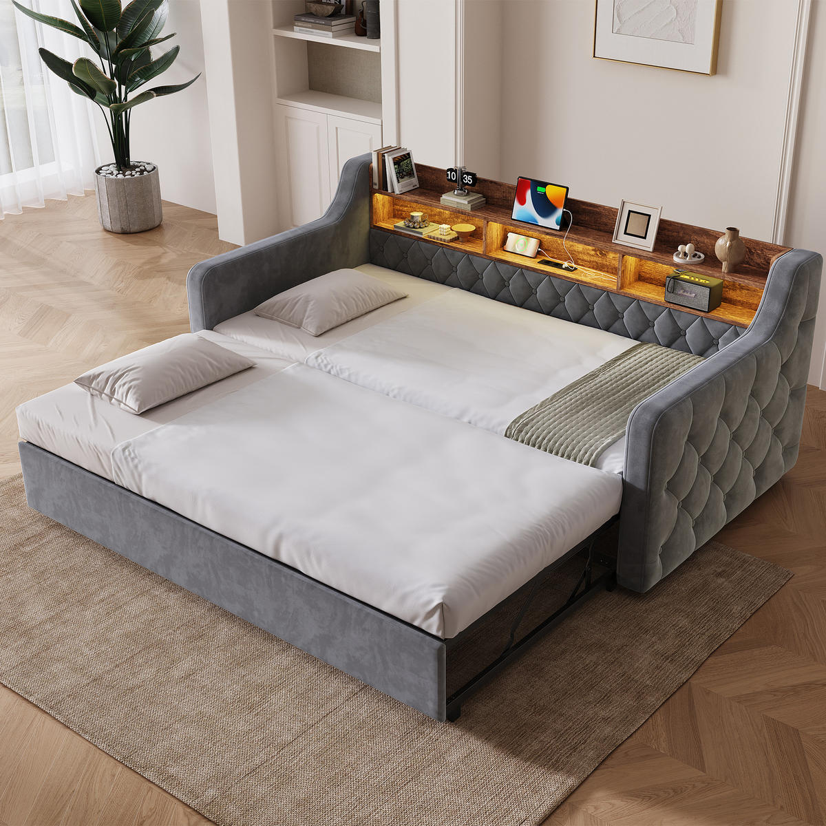 SCHLAFSOFA Dunkelgrau aus Samt mit Ausziehbett, Stauraumkopfteil, LED und USB-Ladeanschlüssen - Dunkelgrau, Textil (107/80/201cm) - Luhomfu