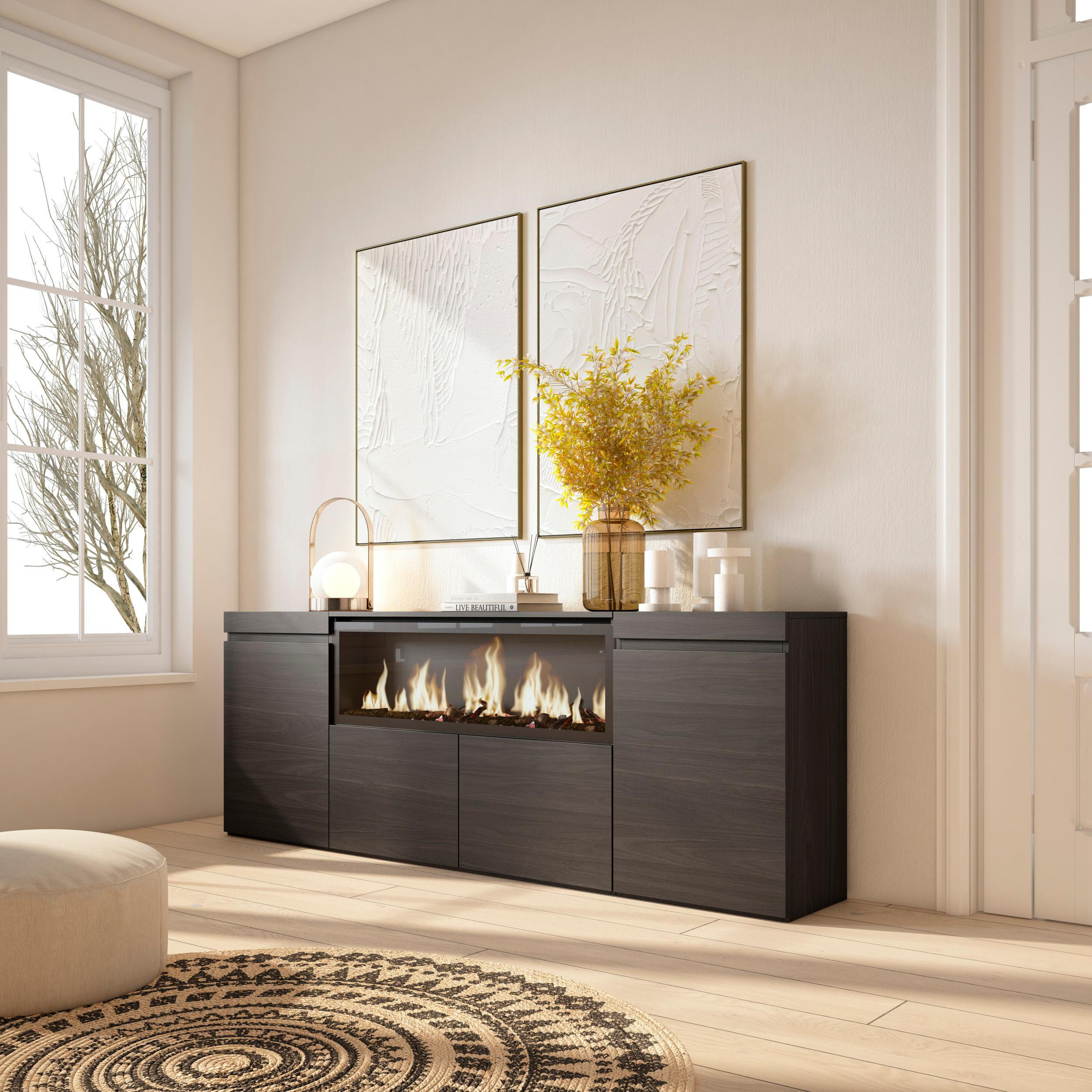SIDEBOARD Highboard, Elektrokamin XXL, schwarz, 208/35/75cm - Schwarz, Holzwerkstoff (208/75/35cm) - Skraut Home