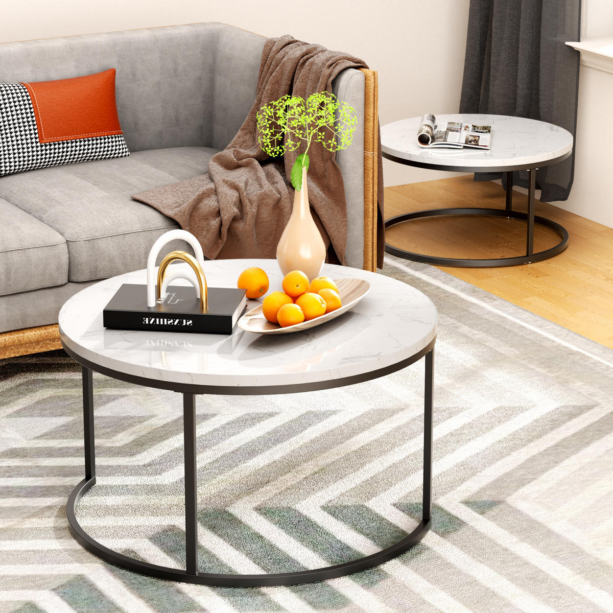 COUCHTISCH 2er Set 80/80/45 cm in Weiß und Schwarz aus MDF mit Metallgestell - Schwarz/Weiß, Holzwerkstoff/Metall (80/80/45cm) - CHICFURN