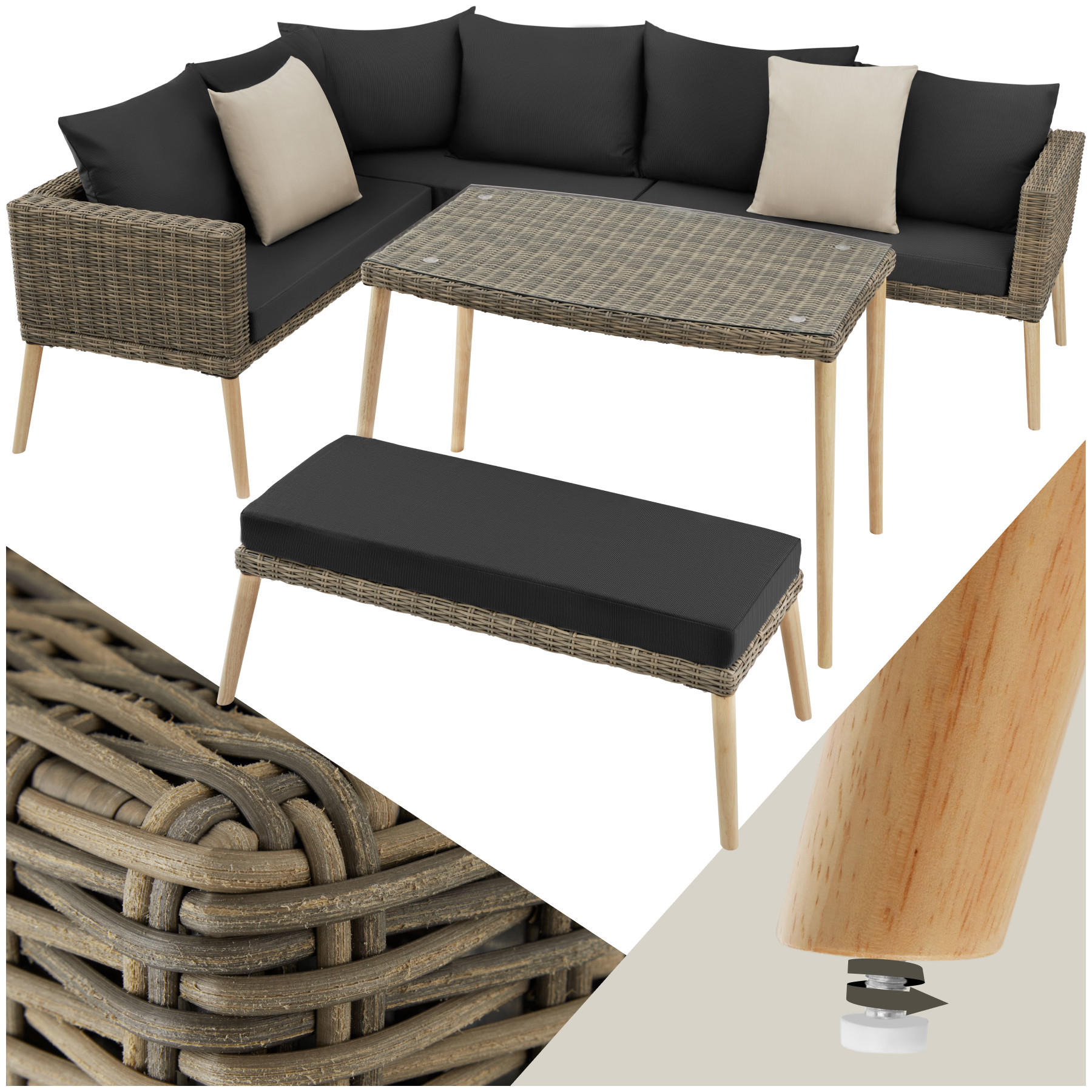 RATTANLOUNGE Pula,mit Sicherheitsglasplatte,natur - Naturfarben, Kunststoff/Metall - tectake