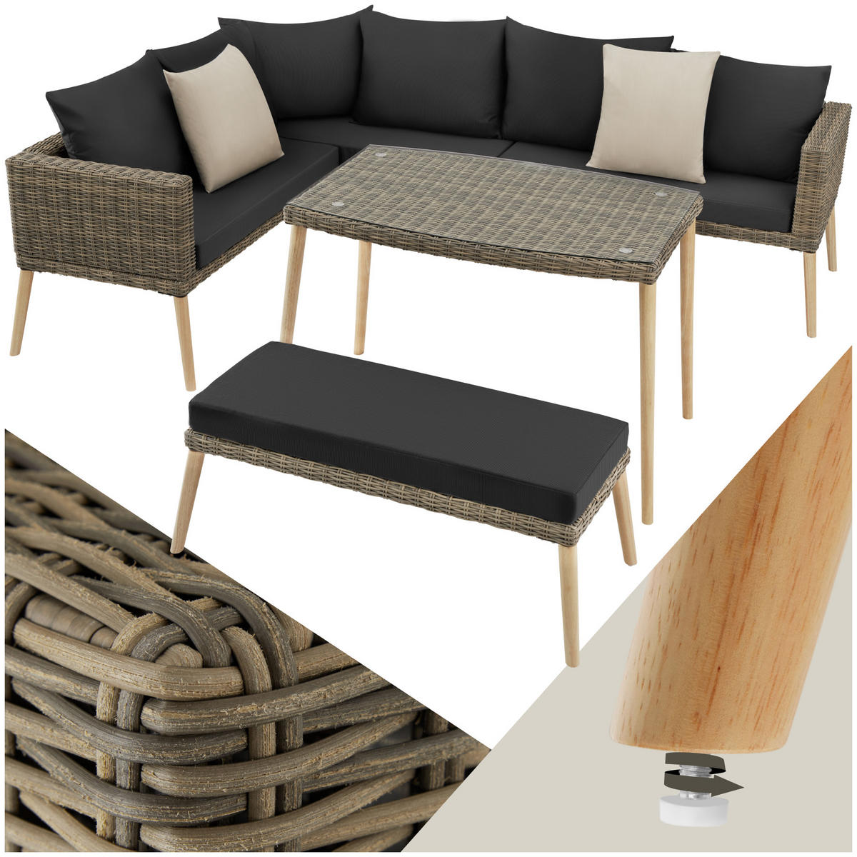 RATTANLOUNGE Pula,mit Sicherheitsglasplatte,natur - Naturfarben, Kunststoff/Metall - tectake