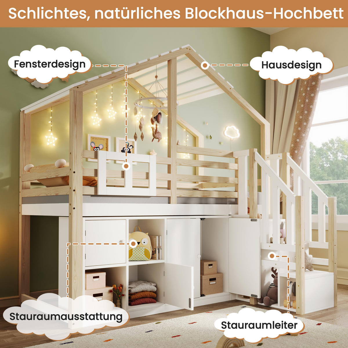 HOCHBETT 90/200 cm Hausform mit Stauraumleiter in Weiß + Natur - Weiß, Holz (90/200cm) - OKWISH