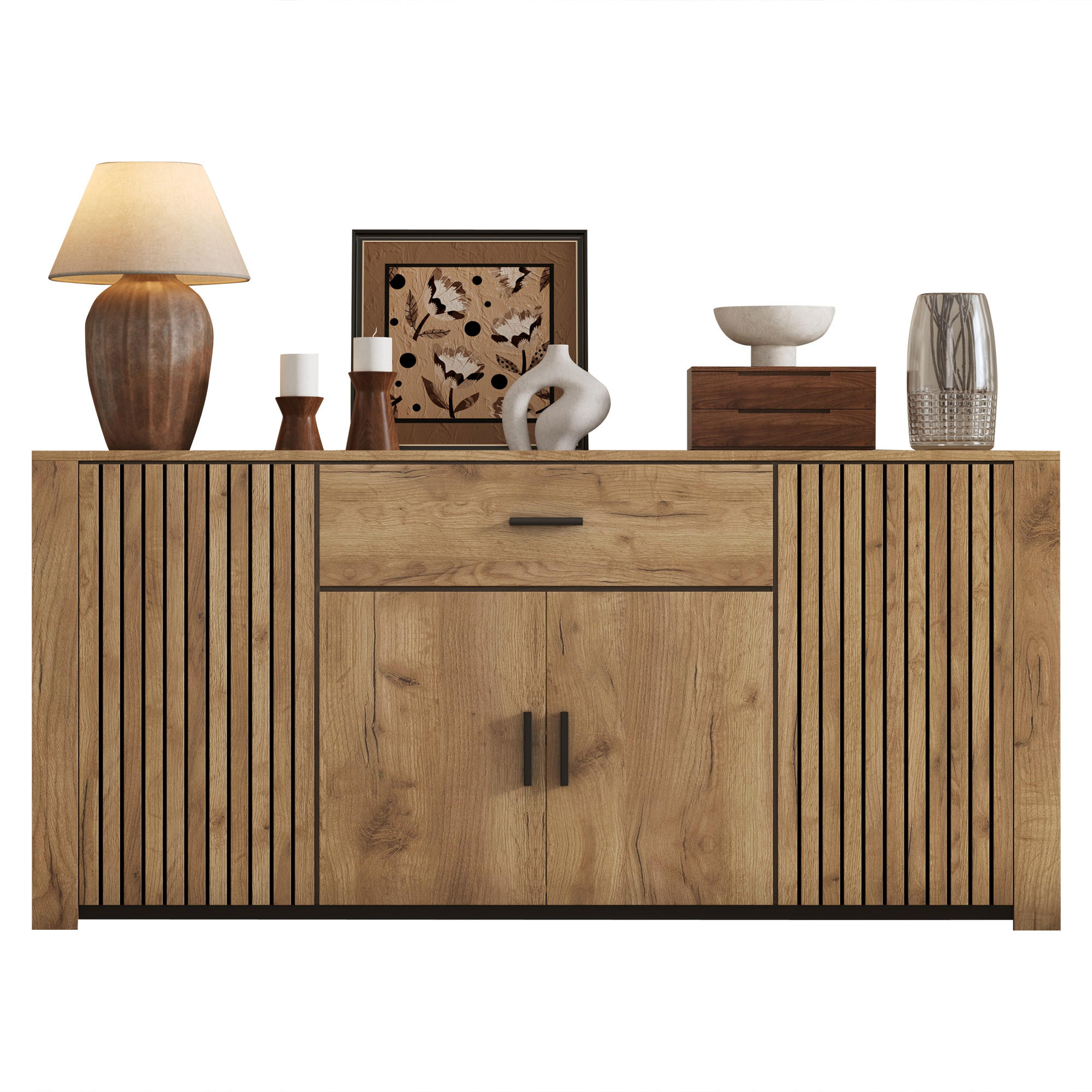 SIDEBOARD Holz 4 Türen 1 Schublade 160x40x75cm Stauraum - Eichefarben, Holzwerkstoff (40/75/160cm) - FLIEKS