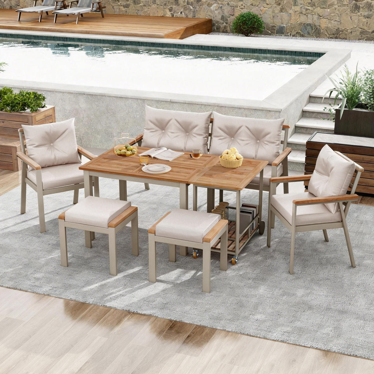 GARTEN-ESSGRUPPE 171/35/81 cm eige/Natur aus Akazienholz mit Servierwagen für 6-7 Personen - Beige, Metall - OKWISH