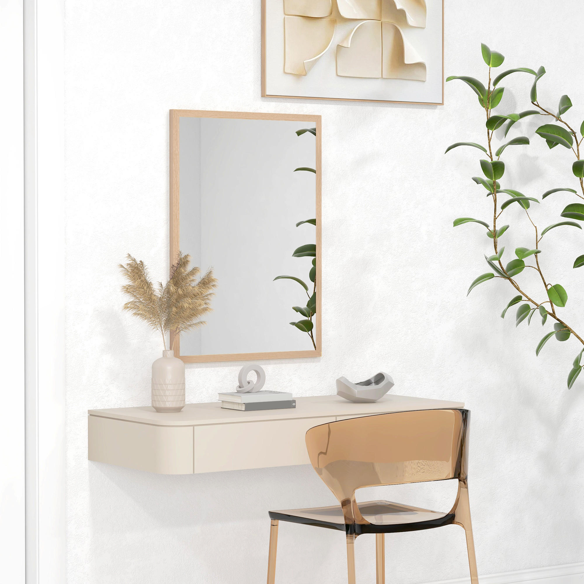WANDSPIEGEL 50 x 70 cm, mit 4 Haken, Badezimmer - Naturfarben, Holzwerkstoff (50/70/2cm) - HOMCOM