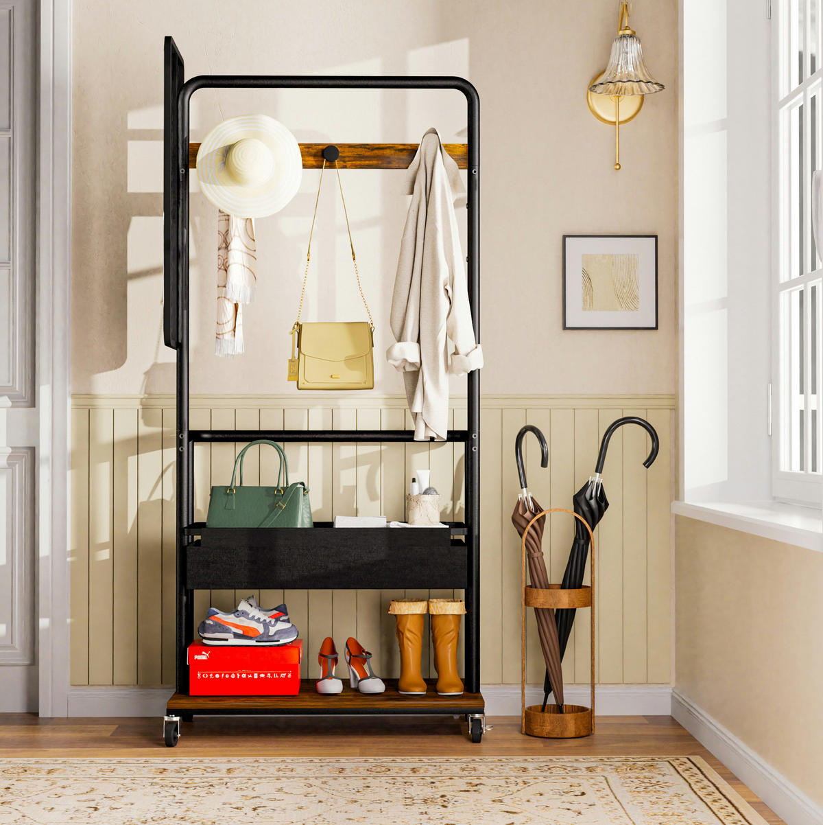 GARDEROBE Schwarz/Braun aus Holzwerkstoff und Stahl mit Rollen - Schwarz, Holzwerkstoff (40/170/70cm) - OKMYHOME