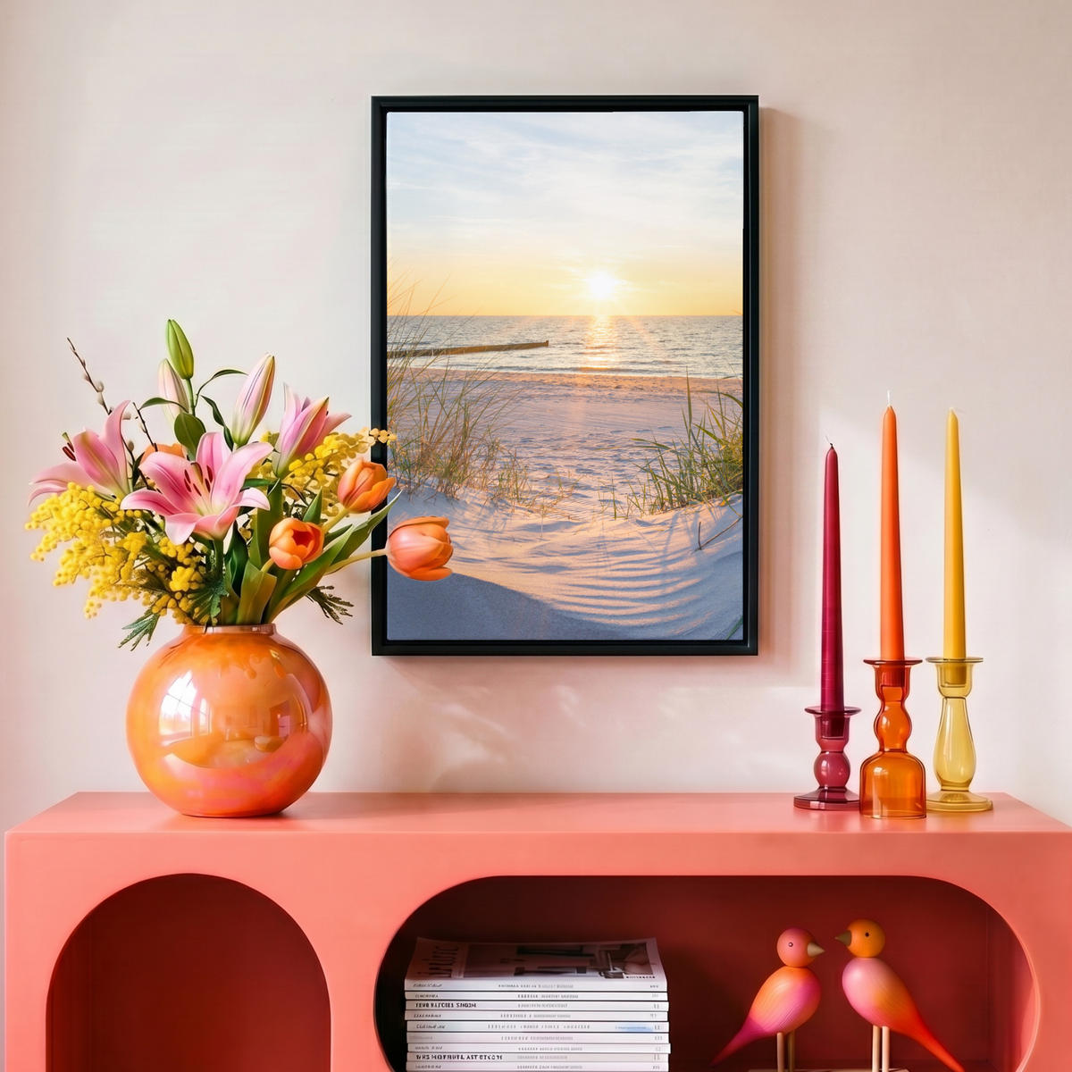 LEINWAND Bilder mit Rahmen - Strand - Sonne - Düne - Gras - Sand - Horizont - 20x30 - Hellblau, Textil (20/30cm) - MuchoWow