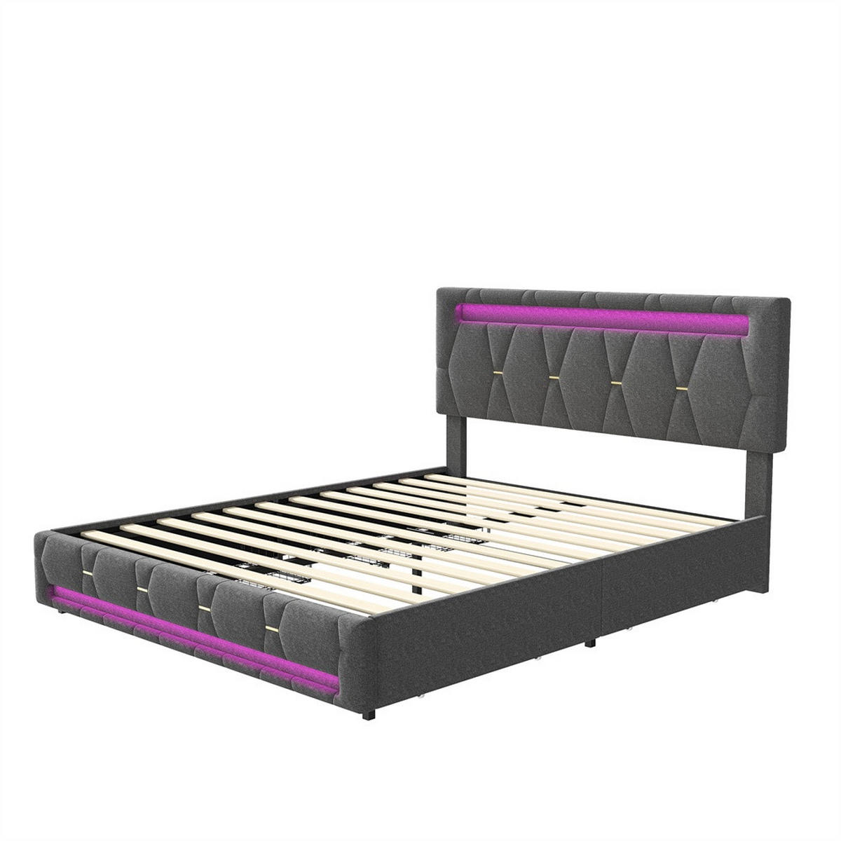 POLSTERBETT 140x200 cm - Doppelbett mit 4 Schubladen und LED-Beleuchtung - ohne Matratze - Grau - Grau, Textil (140/200cm) - DELFA