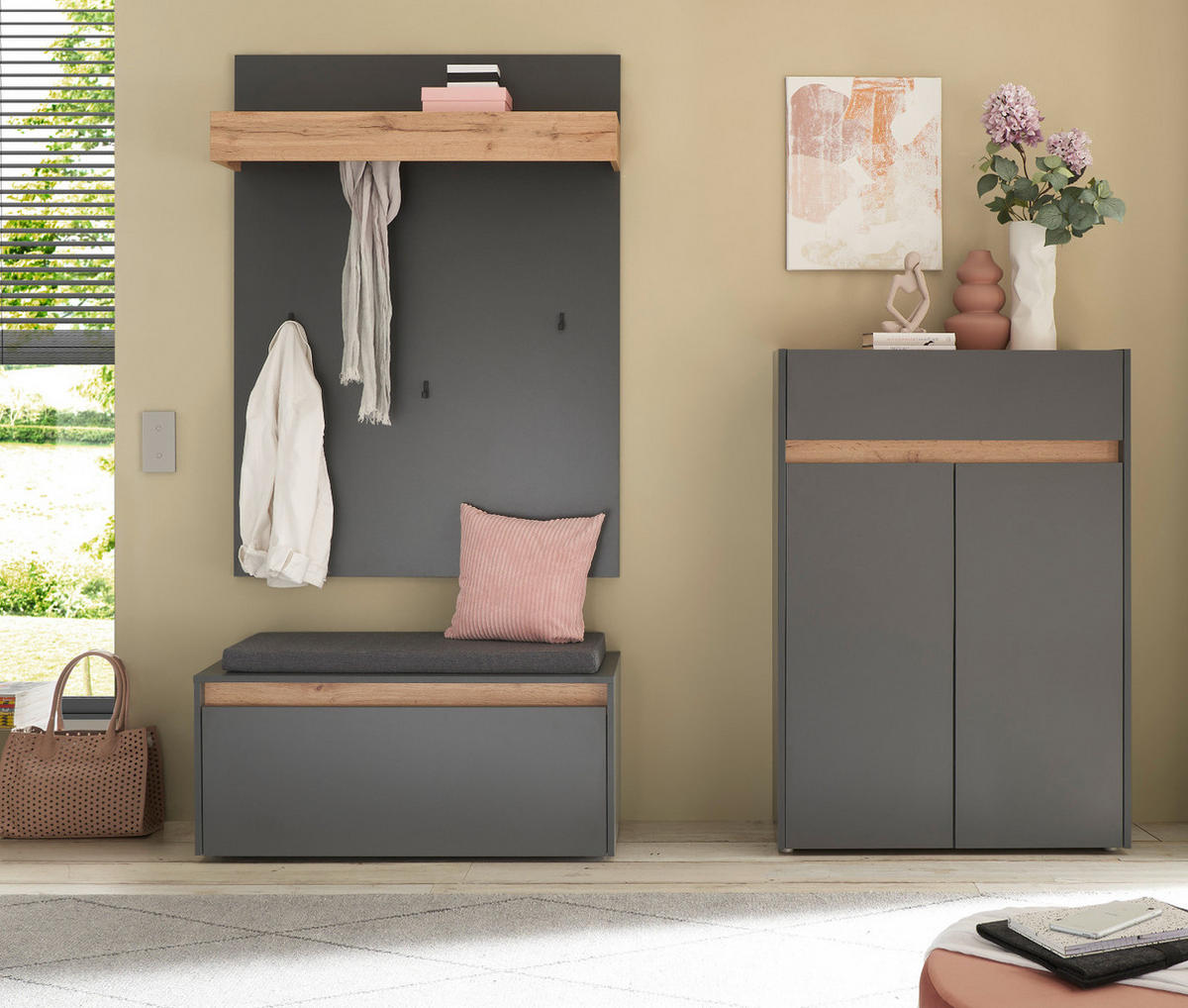 GARDEROBEN-SET grau matt, Eiche Wotan 4-teilig 195 cm, Sitzbank inklusive Sitzkissen - Eiche Wotan/Schwarz, Holzwerkstoff/Kunststoff (195/200/40cm) - Furn.Design