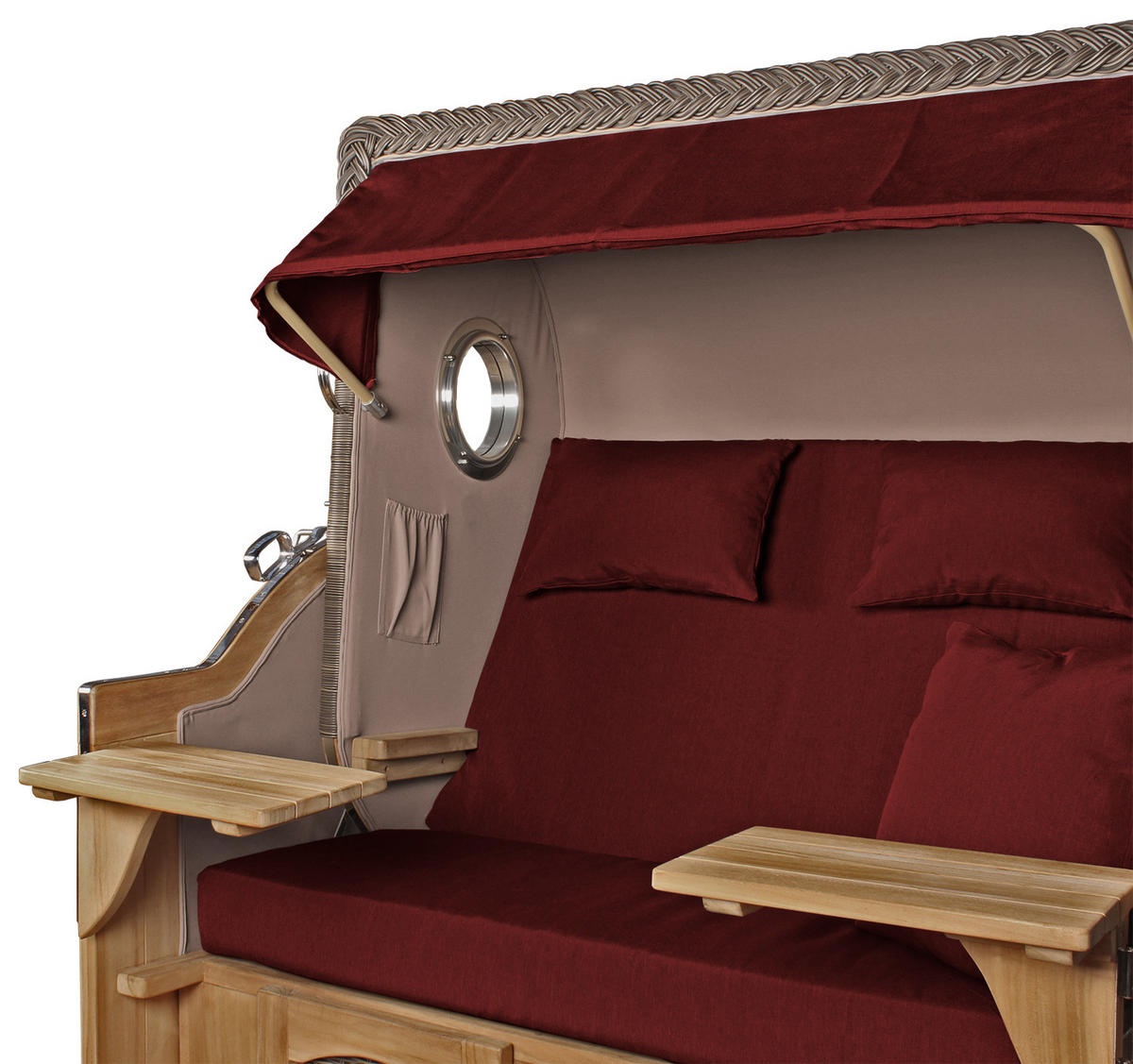 STRANDKORB Düne Grande Bullauge Teak PE Grey Dessin 550 - Rot/Braun, Metall (142/170/95cm) - Mr. Deko