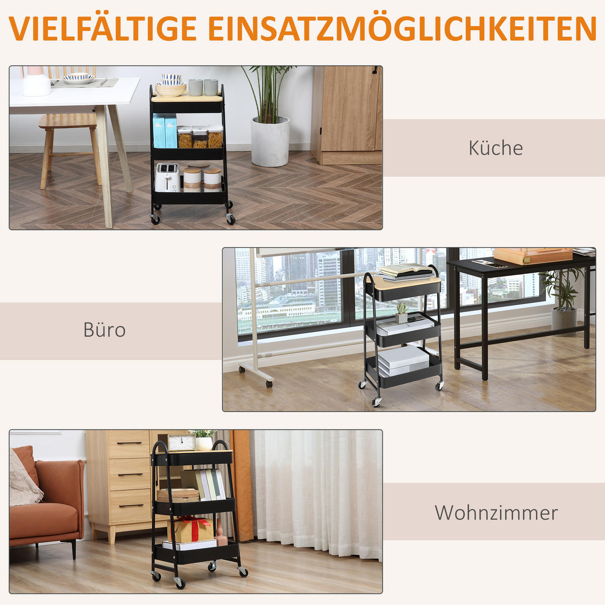 KÜCHENWAGEN 3-Etagen mit Rollen - Schwarz, Holzwerkstoff (31/79.4/45cm) - HOMCOM